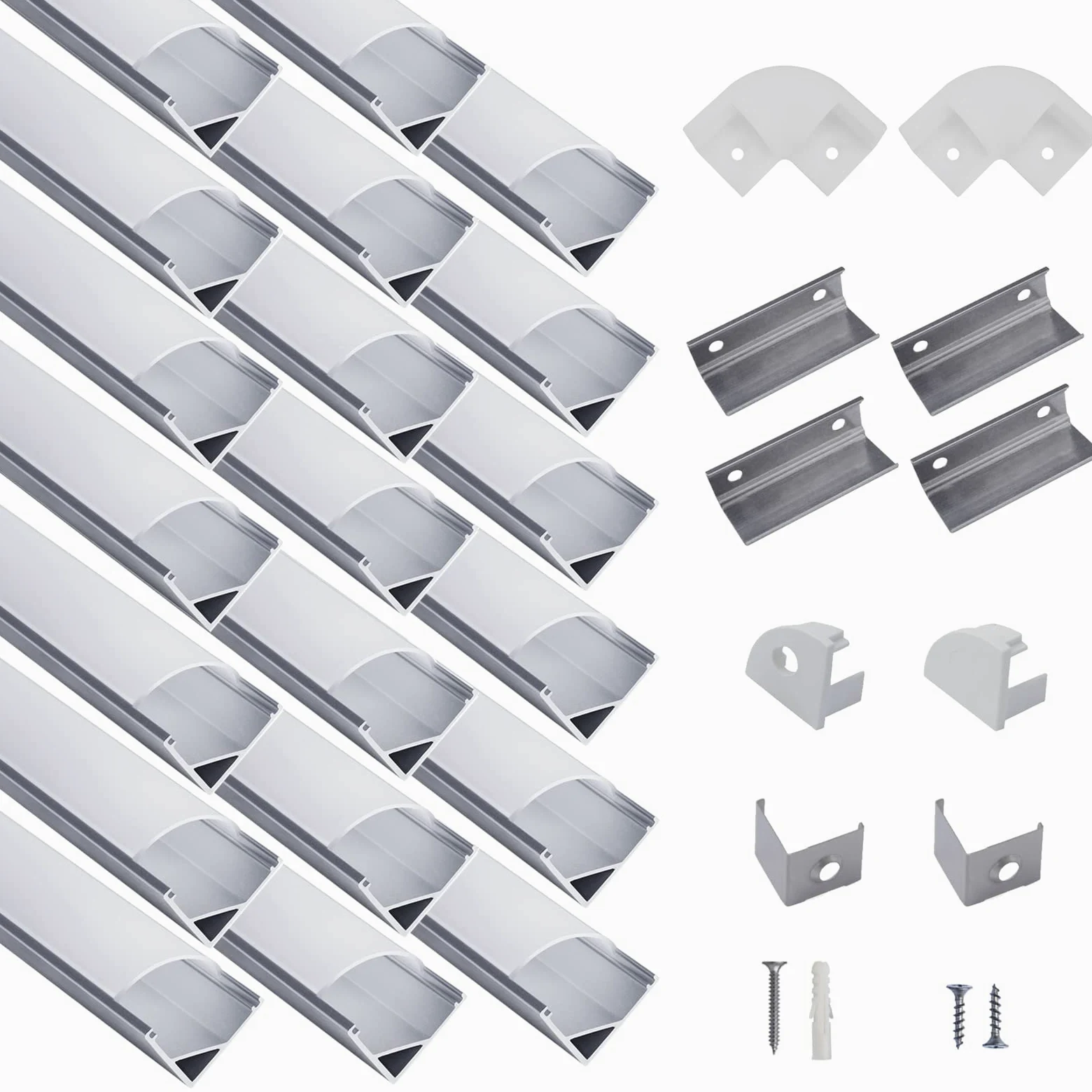 hunhun Aluminiowy system kanałów LED w kształcie litery V z mleczną pokrywą, zaślepkami i klipsami montażowymi, profil aluminiowy do montażu taśm LED, bardzo łatwy montaż, 20 szt