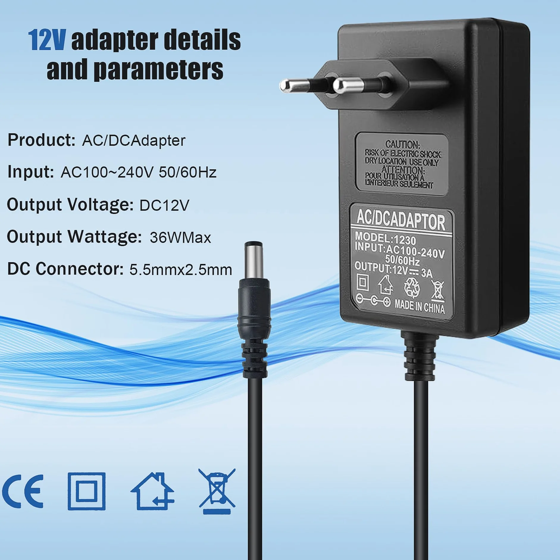 Uniwersalny zasilacz 12 V, 3 A, 36 W, transformator zasilający AC/DC z wymiennymi mocami stałymi, adapter 100V-240 V do LED, kamery CCTV, routera, głośnika, krótka ochrona przed obwodem/przegrzaniem