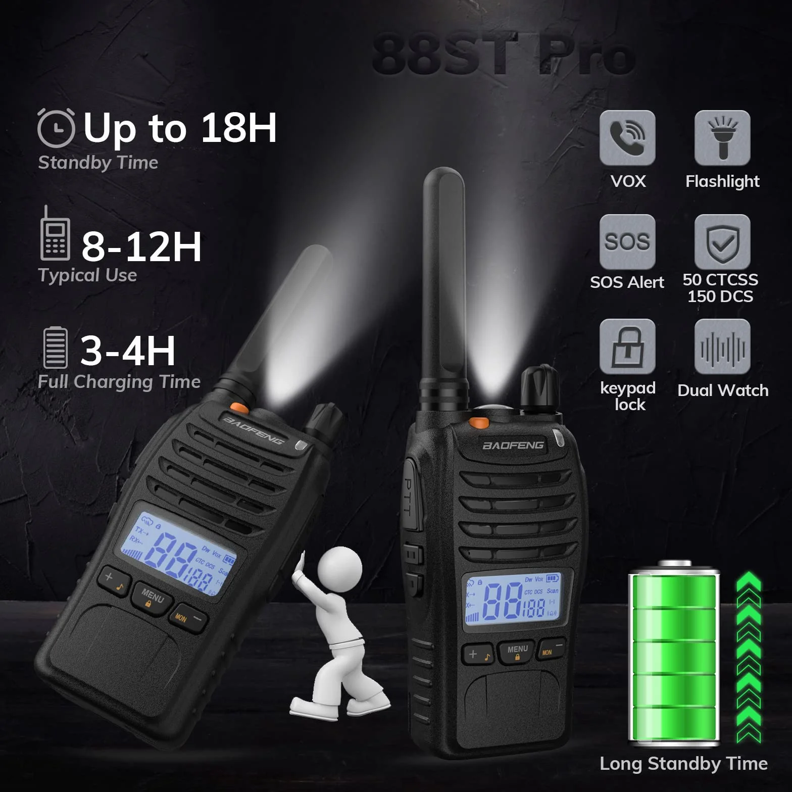 BAOFENG BF-88ST Pro PMR446 Walkie Talkie, ulepszone, dalekiego zasięgu, ładowalne, dwudrożne radia z wyświetlaczem LCD, podwójny zegarek VOX, ładowarka biurkowa i słuchawki, 2 szt