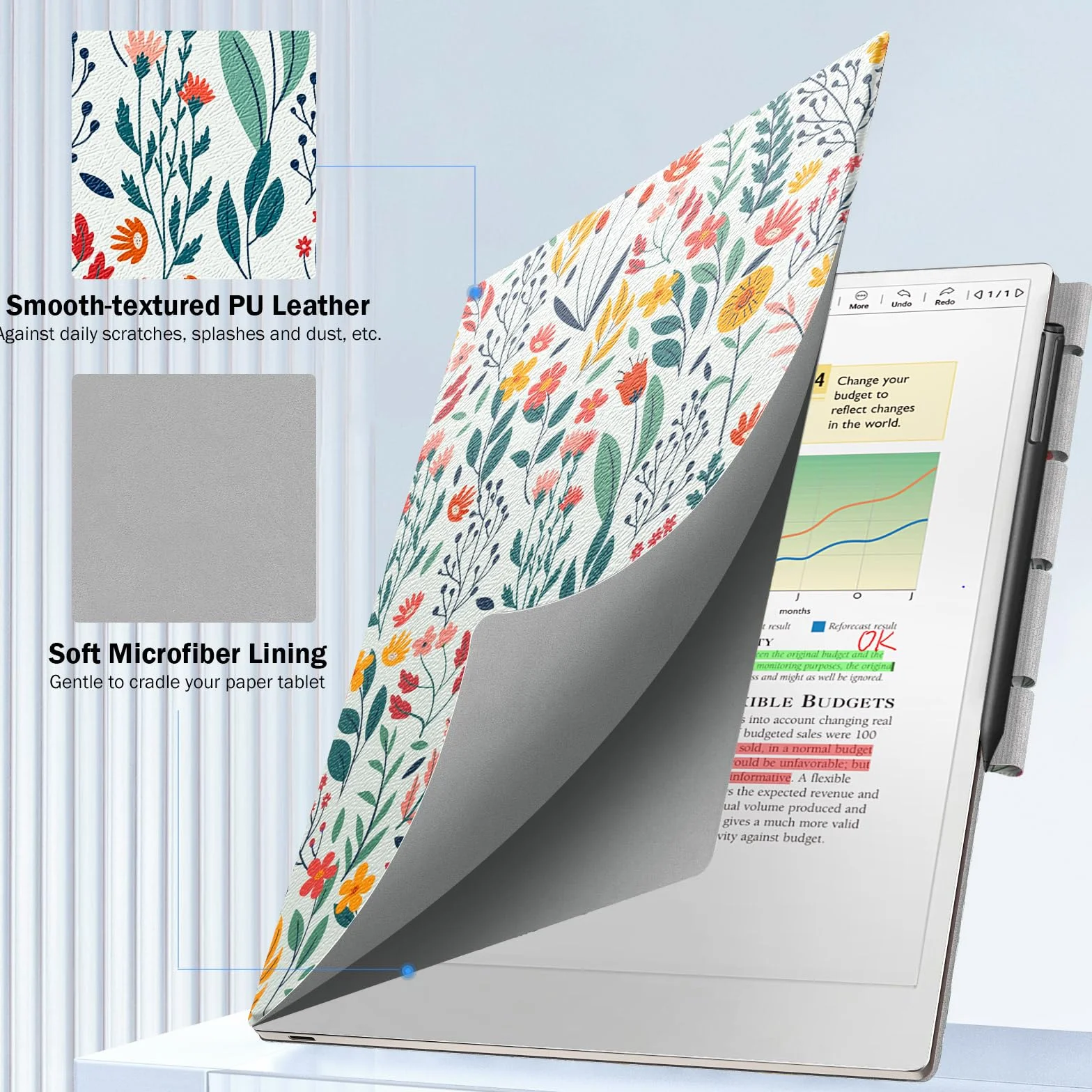 MoKo Case for Remarkable Paper Pro 2024 11.8" Lightweight Ultra-Thin Magnetic Case with Pen Clasp Auto Sleep/Wake Flowers