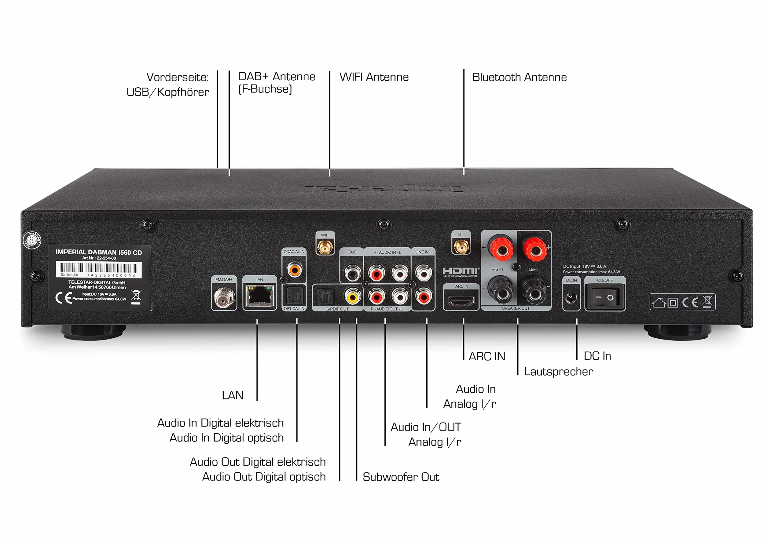 Imperial DABMAN i560 CD HiFi urządzenie ze wzmacniaczem odtwarzaczem CD radio internetowe cyfrowe DAB+ DAB UKW WLAN LAN HDMI ARC Bluetooth streamingu