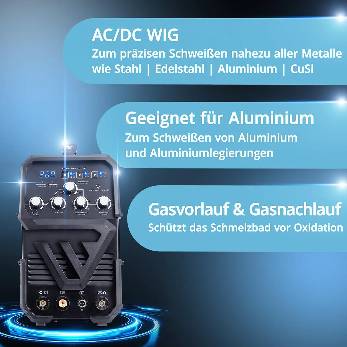 STAHLWERK Spawarka 2 w 1 Kombi AC/DC WIG 200 ST – WIG & MMA (E-Hand/ARC) do 200 A, zapłon HF, Hotstart, Anti-Stick, tryb 2T i 4T, spawanie AC WIG do aluminium, technologia IGBT
