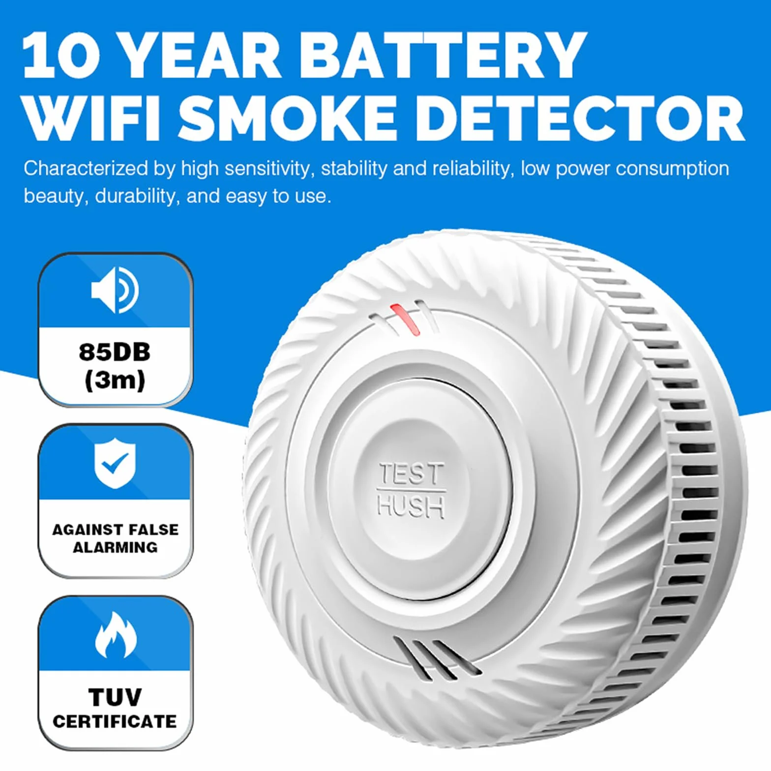 Inteligentna czujka dymu, Wi-Fi czujka dymu z czujnikiem fotoelektrycznym, czujnik pożaru zgodny z EN14604, kompatybilny z aplikacją Tuya/Smart Life, 10 lat baterii 1 szt