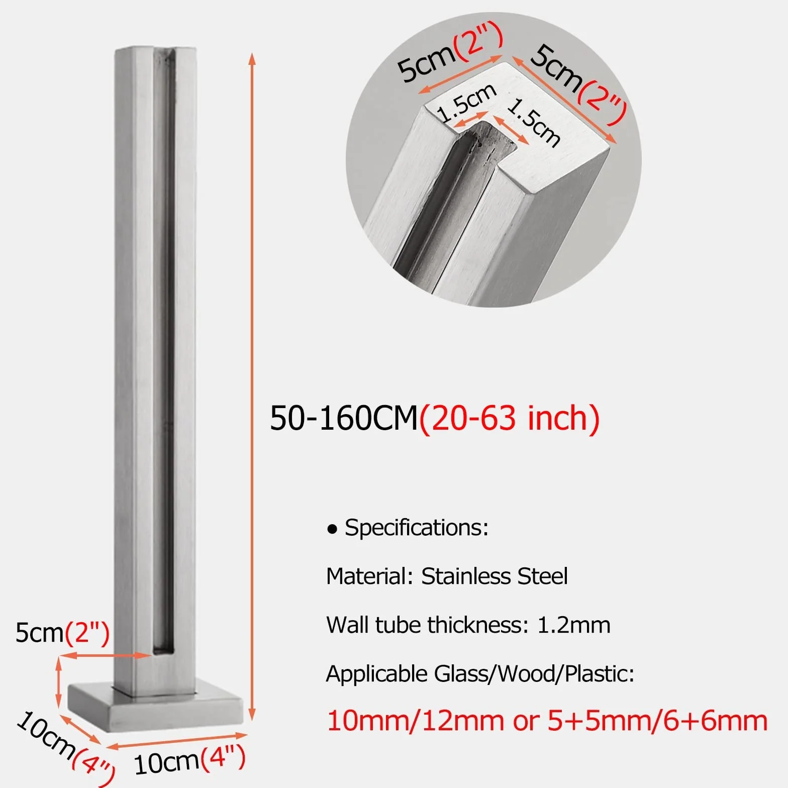 Bezramowy system szklanych balustrad na schody i pokłady, wytrzymały, bez dziurkowania, panel z gniazdami na czopy i podstawą, srebrny słupek środkowy, 140 cm, idealny na balkony i patio