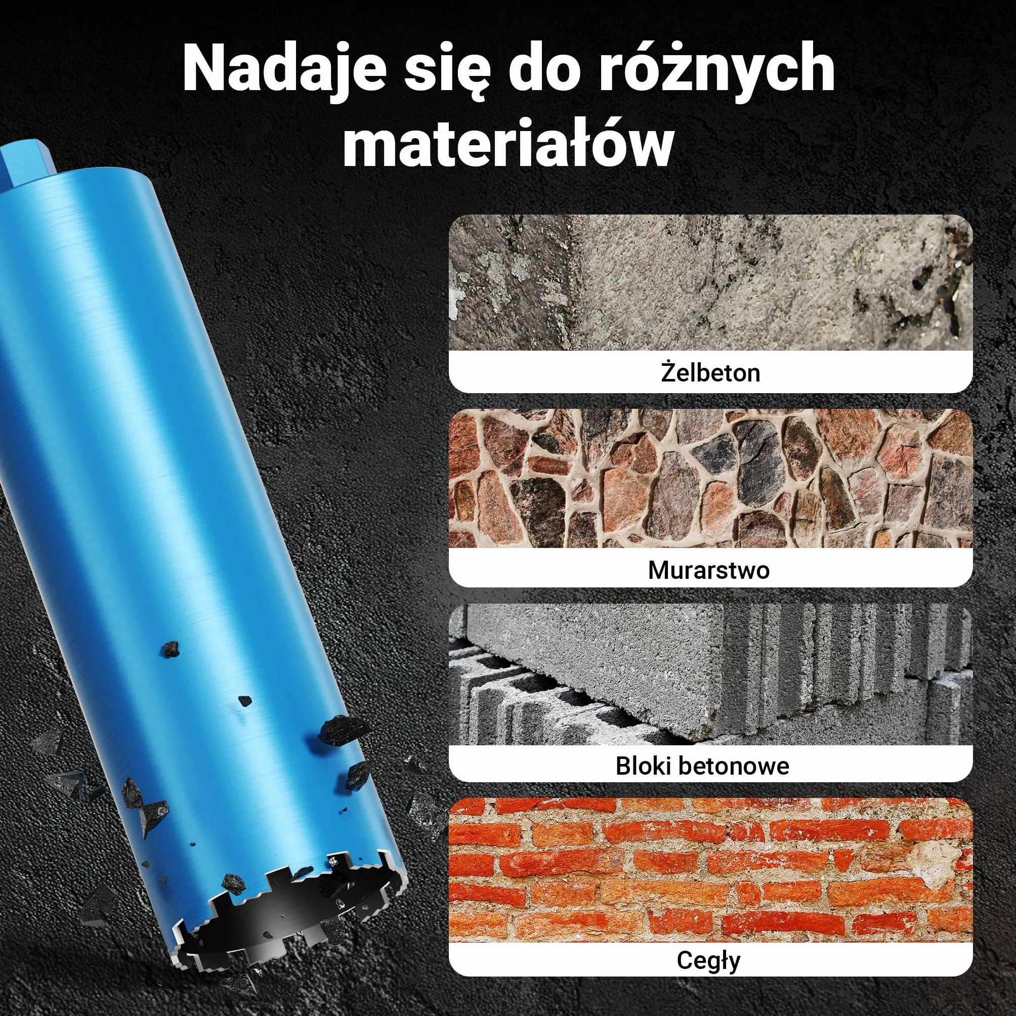 Wiltec Wiertło diamentowe koronowe typu Shark Ø 152 mm o długości 450 mm, 1¼ UNC, do wiercenia w betonie, kafelkach, kamienia i granitu