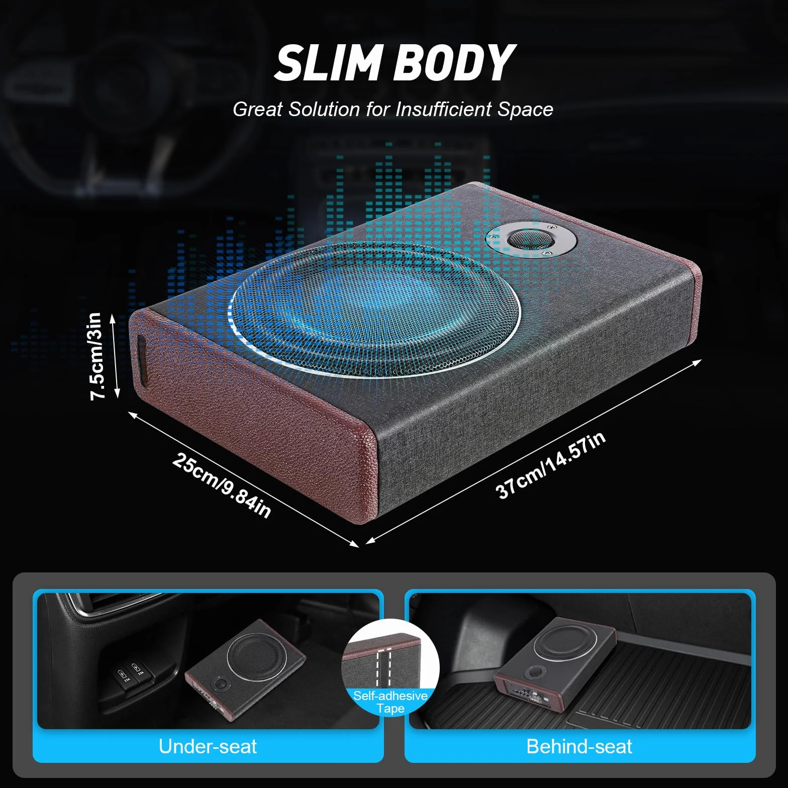 Subwoofer 8", 600 W, aktywny powered subwoofer pod siedzeniem, 12 V, wbudowany wzmacniacz do samochodów ciężarowych, kamperów, czarny