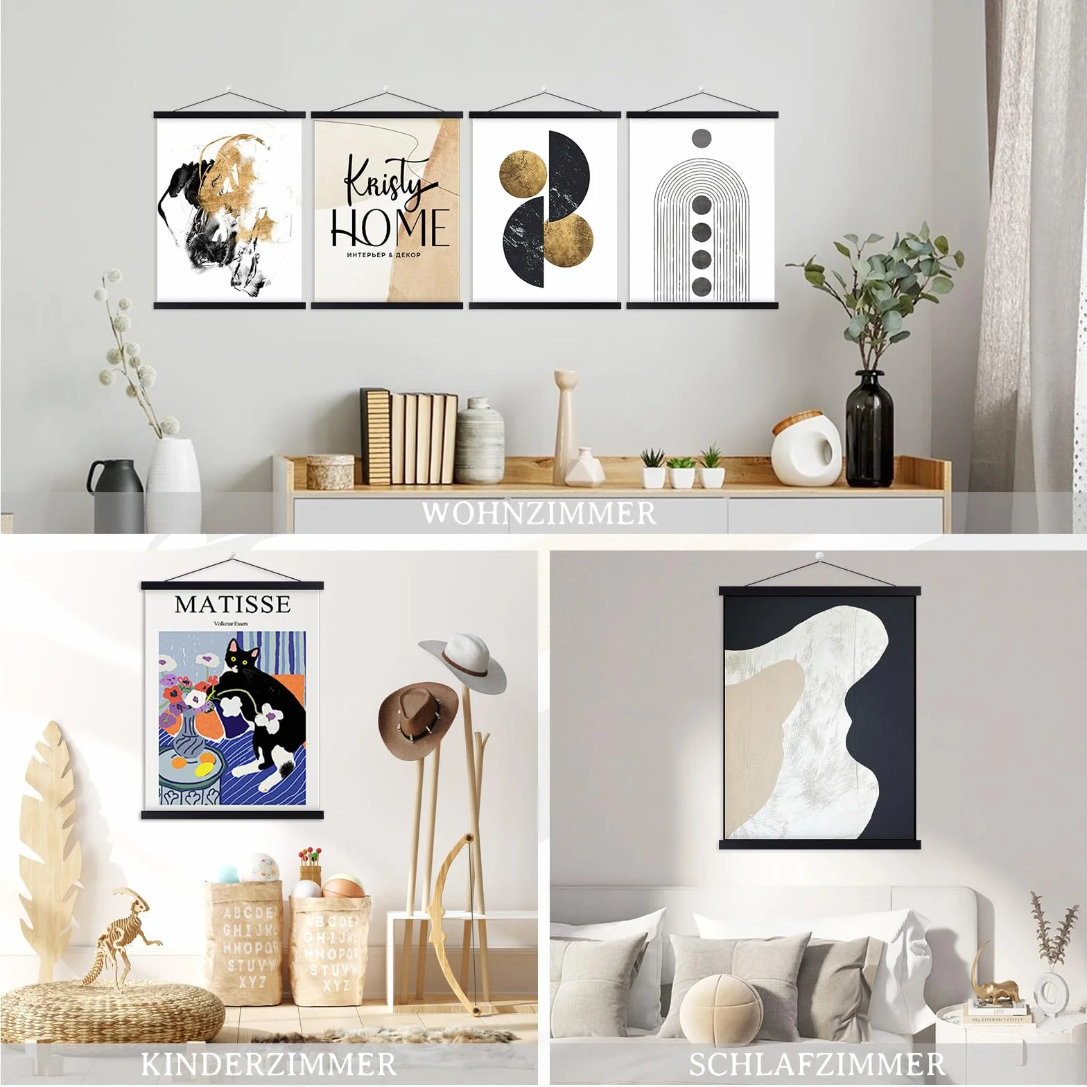 Benjia Zestaw 4 magnetycznych szyn plakatowych, magnetyczne ramki plakatowe A2, drewniane listwy plakatowe, wieszaki na plakaty do drukowanych dzieł sztuki (42cm, czarne, 4 opakowania)