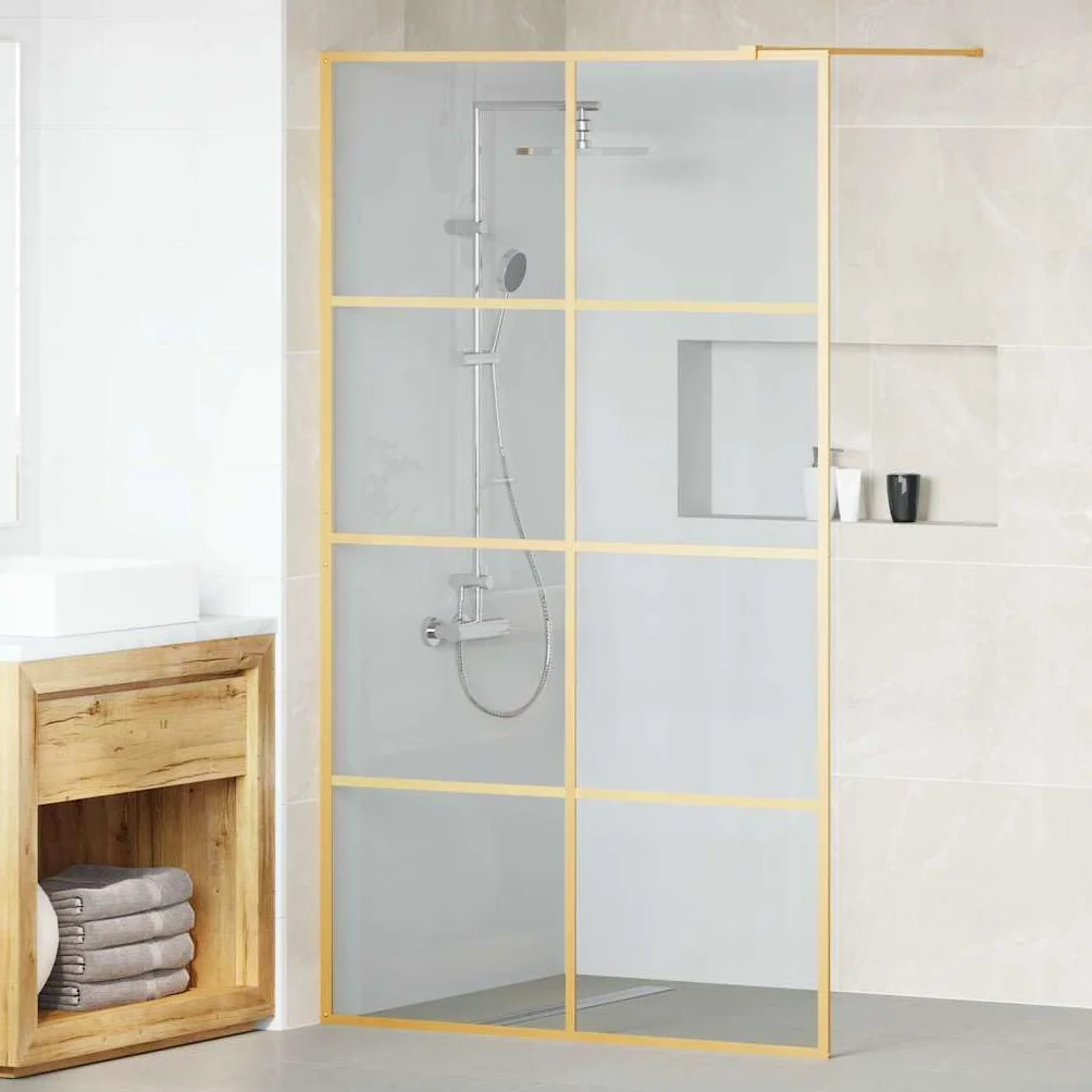 Ścianka prysznicowa Walk-in w kolorze złotym 115 x 195 cm z hartowanego szkła bezpiecznego, bez ramy, z aluminiową ramą, zajmuje mało miejsca i nie ogranicza barier, do łazienki jako ochrona