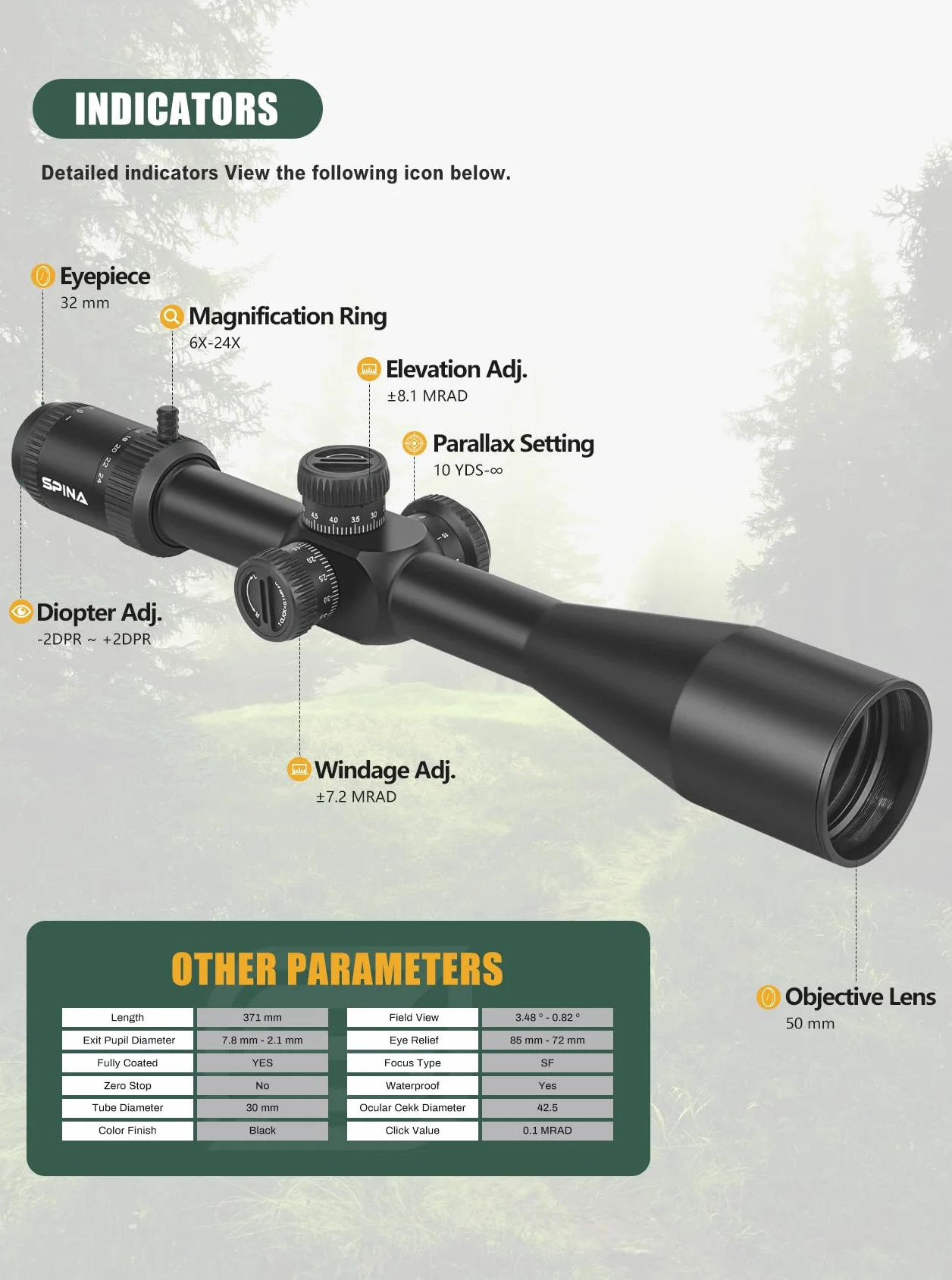 SPINA OPTICS 6-24x50 FFP II Celownik optyczny Pierwsza płaszczyzna ogniskowa Celownik z siatką MRAD Precision Tree i osłoną przeciwsłoneczną