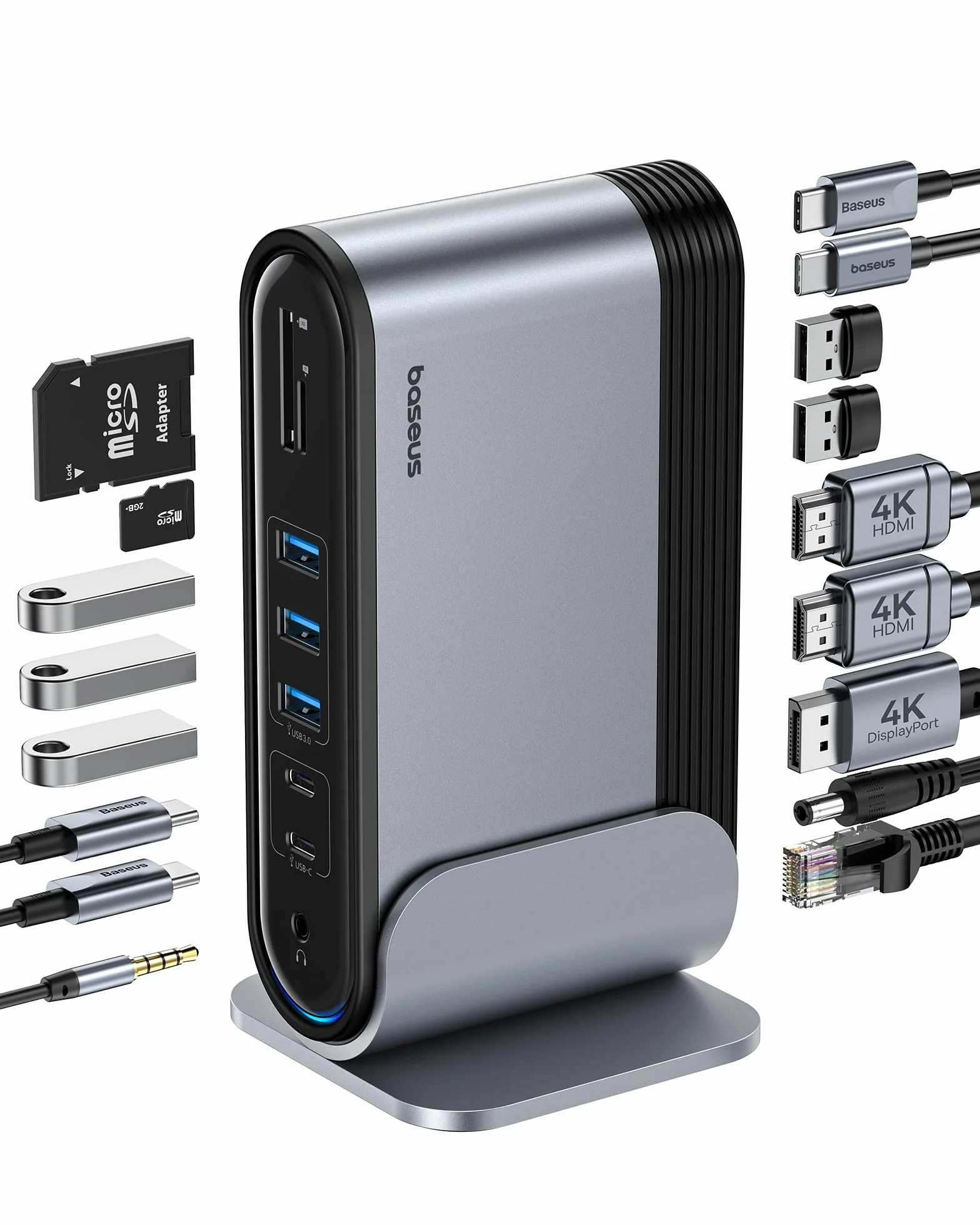 Baseus Stacja dokująca 17 w 1 4K HDMI*2 DP*1 do transmisji na 3 monitorach z 100 W PD, USB 3.0 x 3, LAN, czytnik kart SD/TF, złącze audio, koncentrator do Windows, Mac laptopa