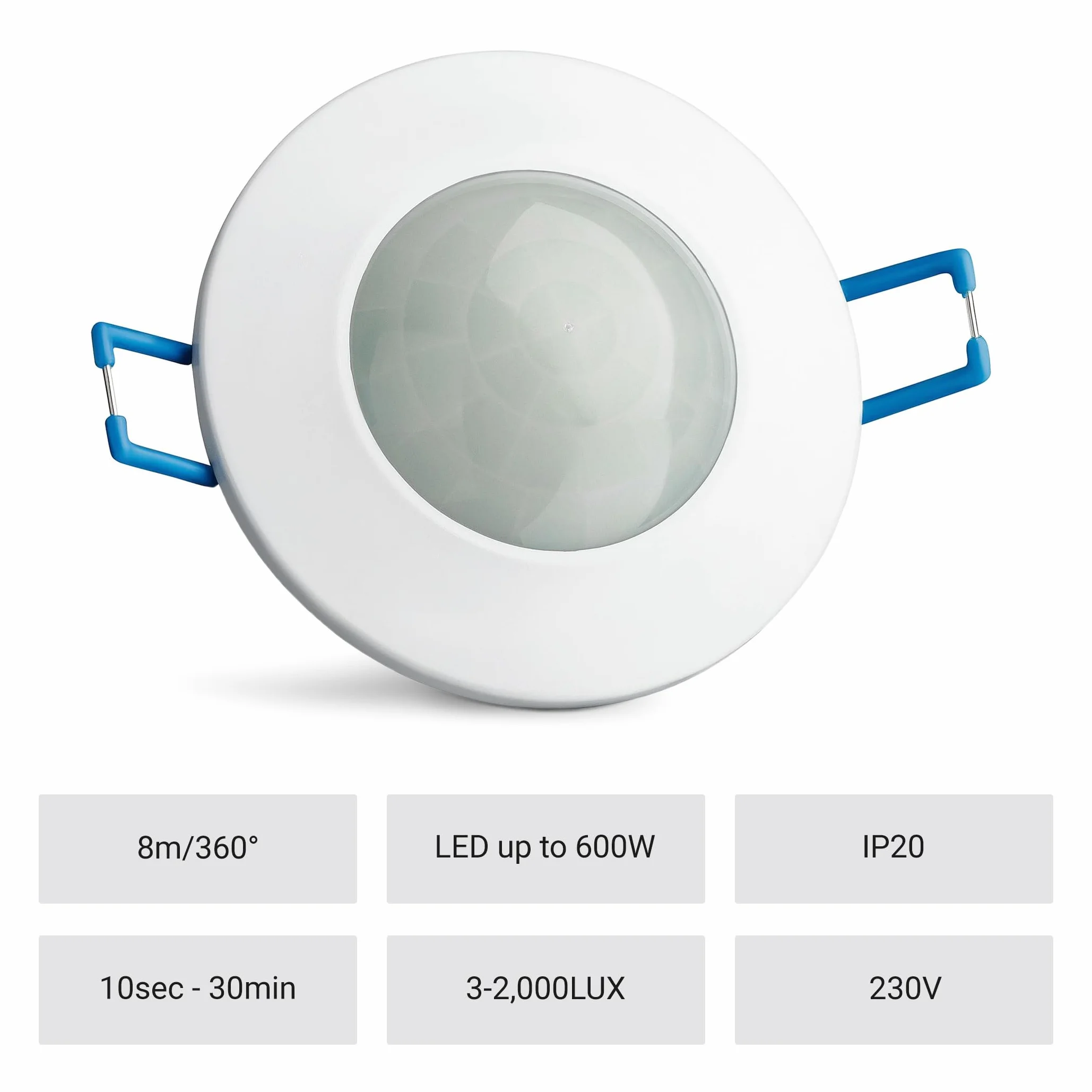 SEBSON Czujnik PIR sufitowy wewnątrz 360°, natynkowy lub podtynkowy, wbudowany czujnik ruchu na podczerwień, odpowiednie światło LED, zasięg maks. 8m/360°, 1200/600W, IP20