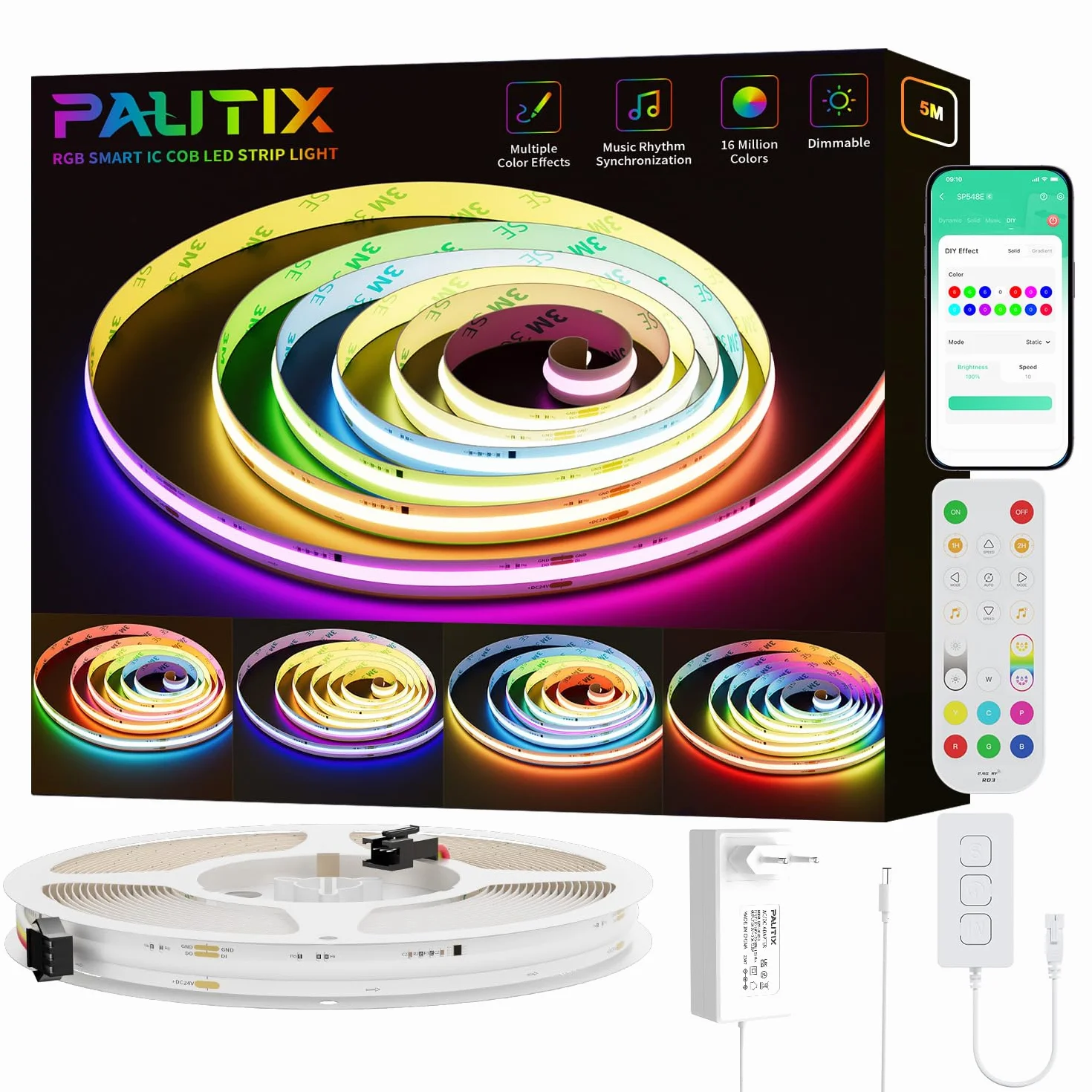 PAUTIX RGB Inteligentny zestaw taśm LED IC COB 5M, 24V Adresowy z zmieniającym kolor taśmą LED, elastyczny wielokolorowy z zasilaniem i kontrolerem WIFI z funkcją Alexa do oświetlenia DIY