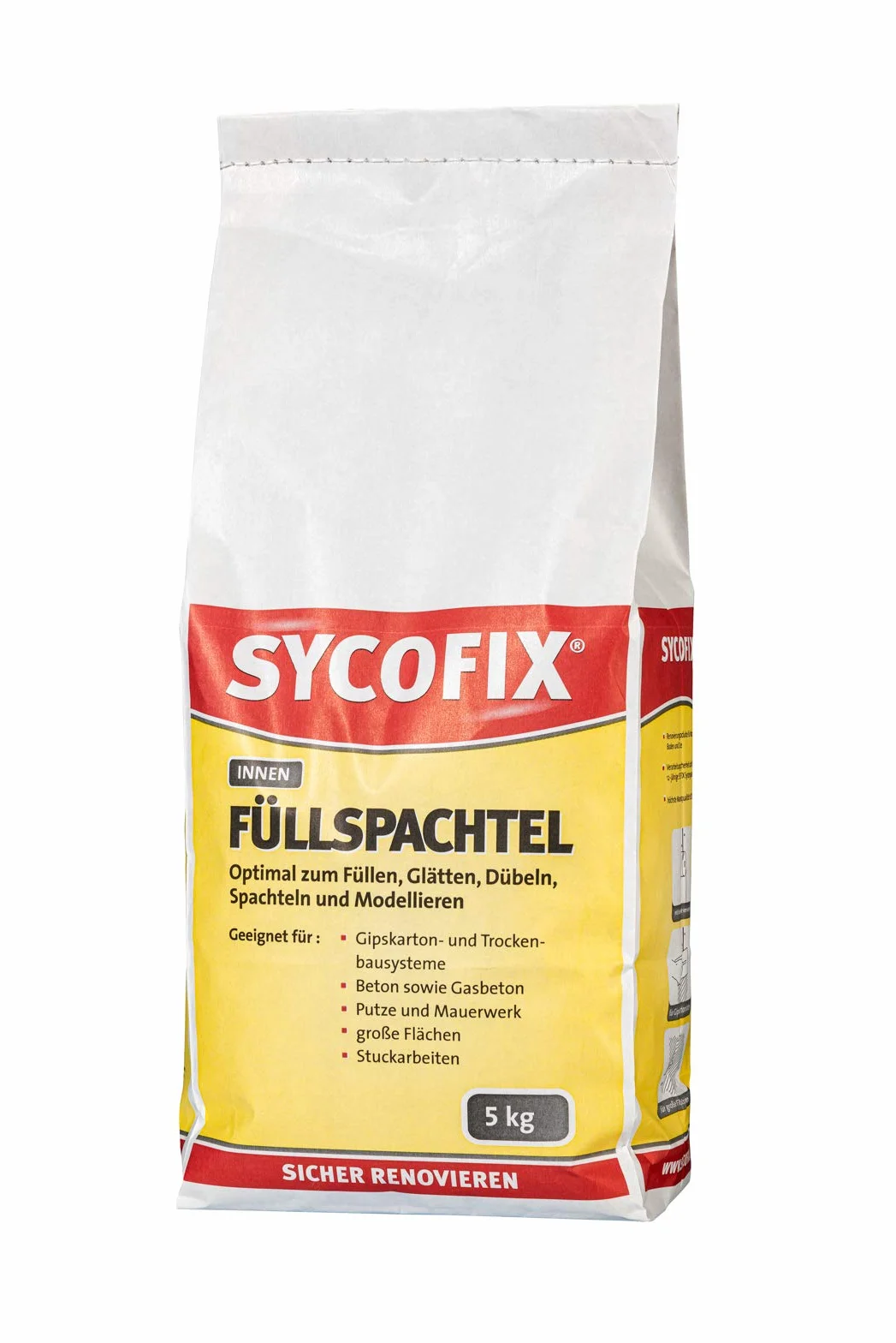 Szpachla wypełniająca 5 kg do wypełniania, wygładzania, szpachlowania, kołków i modelowania, systemów płyt gipsowo-kartonowych i suchych, betonu, tynków, murów, również do prac stiukowych. Do wnętrz,
