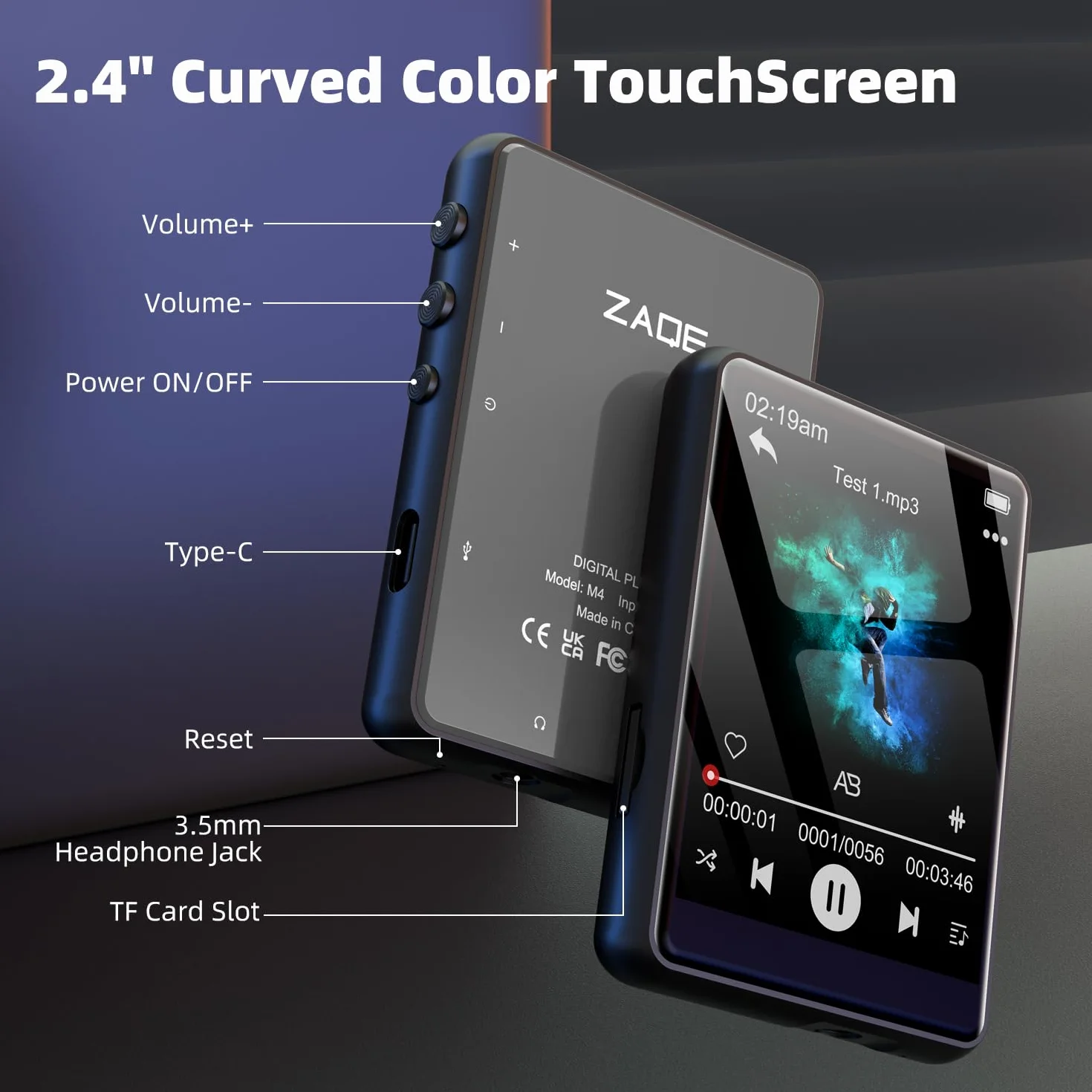 Odtwarzacz MP3 Bluetooth 5.3 2.4" ekran dotykowy 64GB przenośny radio FM nagrywanie głosu