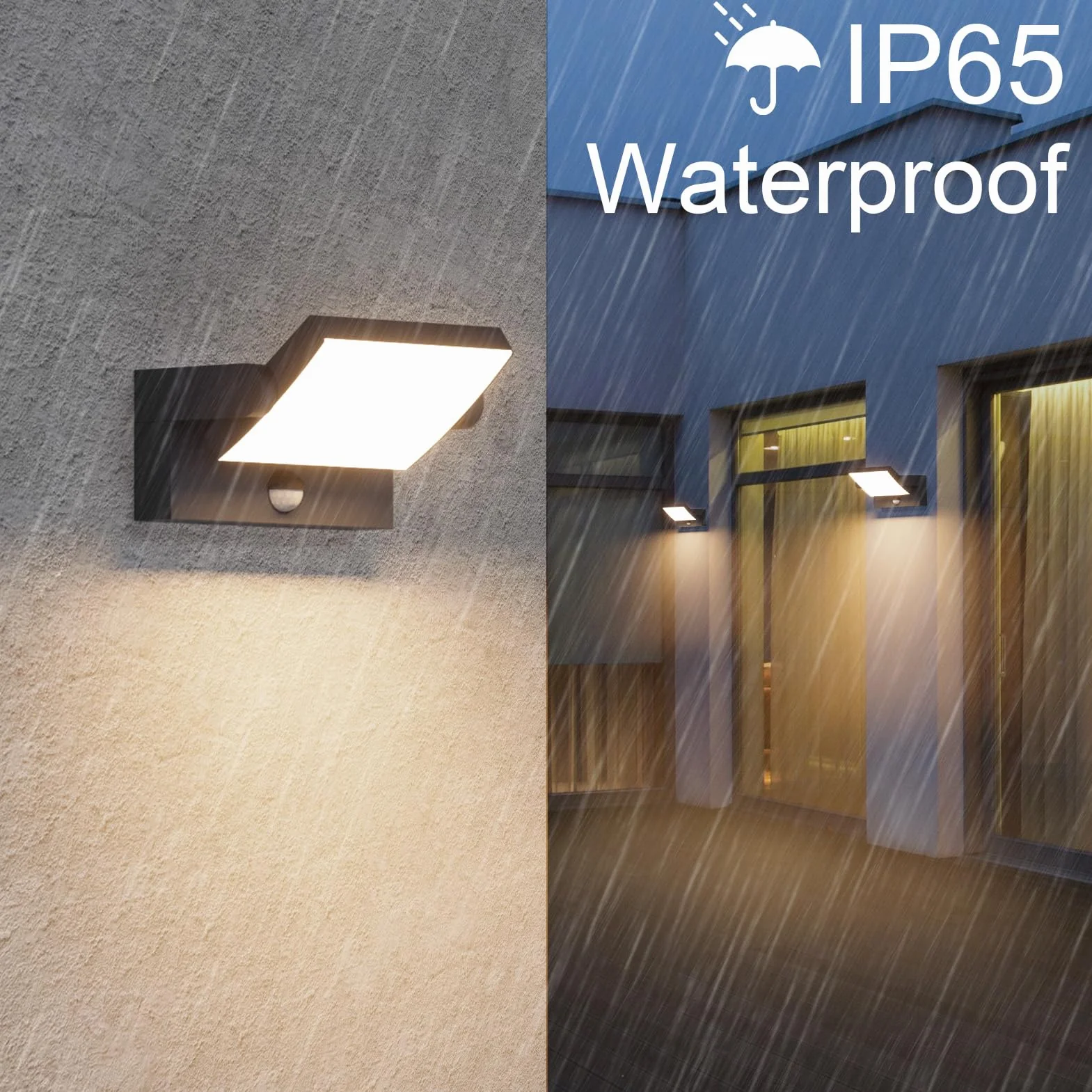 Klighten Lampa ścienna LED, 24 W, czujnik ruchu, IP65, lampa ścienna do wnętrz, na zewnątrz, panel obrotowy, lampa zewnętrzna do ogrodu, na taras, czarna, 1500 lumenów, ciepła biel 3000 K