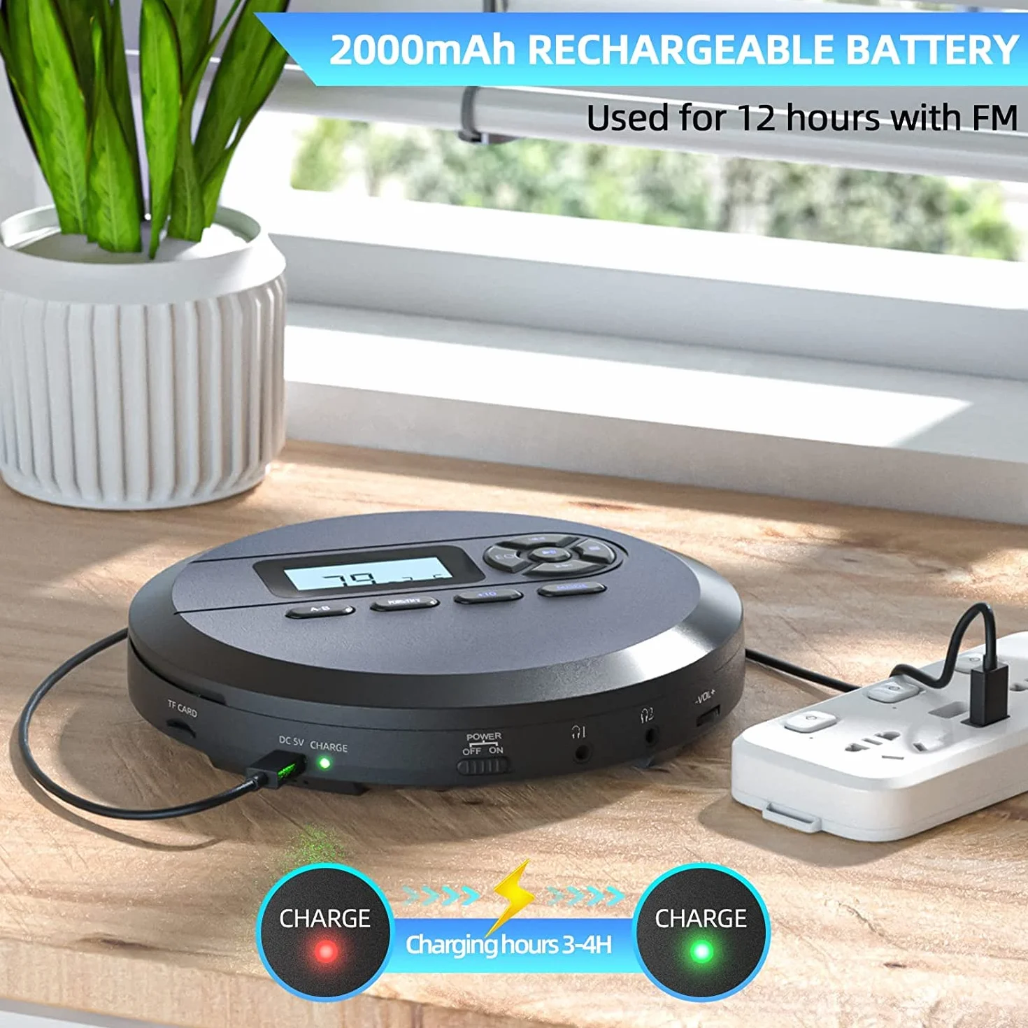 DESOBRY Przenośny odtwarzacz CD 2000 mAh z głośnikami i nadajnikiem FM