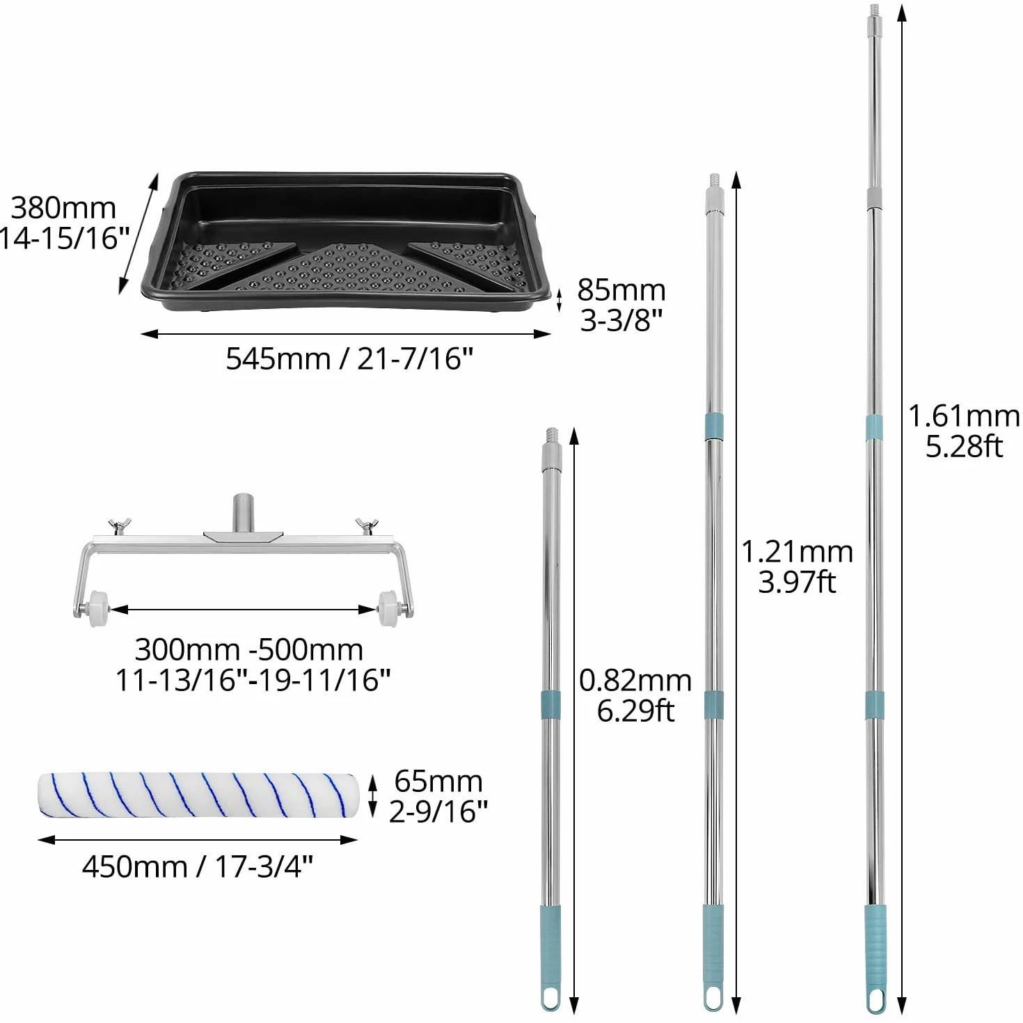 QWORK® Duży zestaw wałków malarskich 45 cm – zawiera 6 rolek + regulowana rama + odłączany pręt do 170 cm + duża taca na farbę, kompletny zestaw do malowania ścian i sufitów
