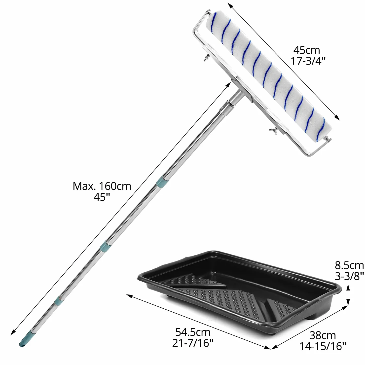 QWORK® Duży zestaw wałków malarskich 45 cm – zawiera 6 rolek + regulowana rama + odłączany pręt do 170 cm + duża taca na farbę, kompletny zestaw do malowania ścian i sufitów