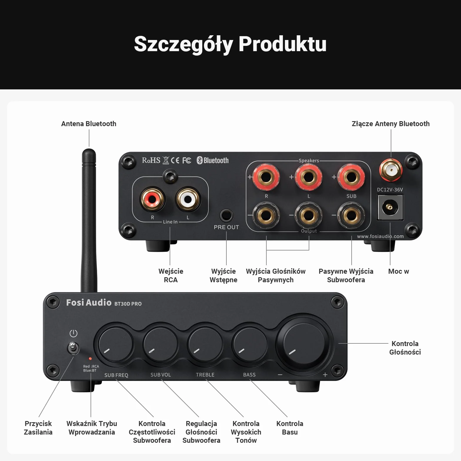 Fosi Audio BT30D Pro TPA3255 Hi-Fi Bluetooth 5.0 Stereo Audio Wzmacniacz odbiornika 2.1-kanałowy wzmacniacz zintegrowany klasy D 165Wx2+350W do domu Na zewnątrz Pulpit Głośniki półkowe/Subwoofery