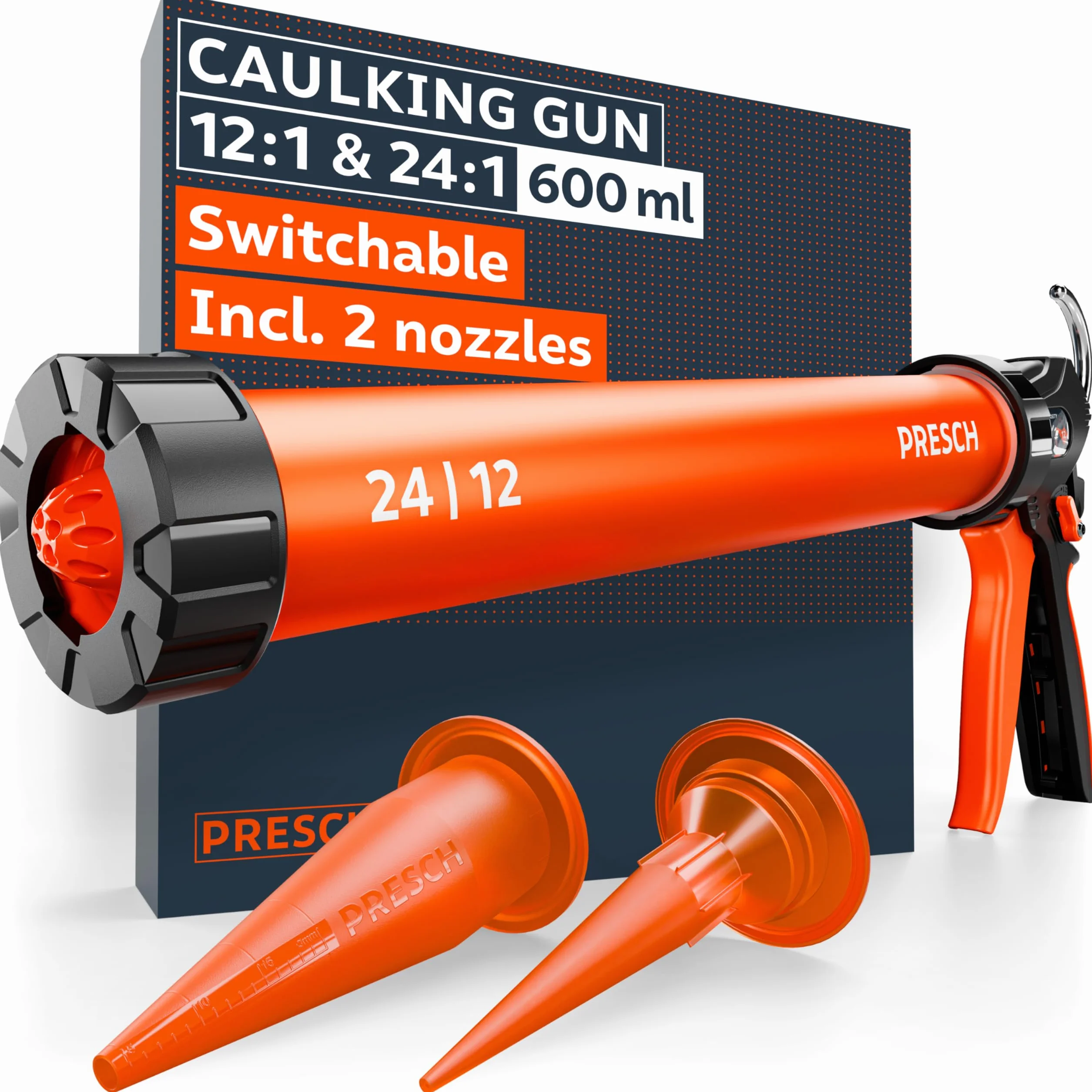 Presch Wyciskacz do folii 600 ml z 2 dyszami – Przełączane przełożenia 24:1 i 12:1 do wszystkich uszczelniaczy i klejów (akryl, silikon, PU) – Obrotowy cylinder 360° z antypoślizgowym uchwytem