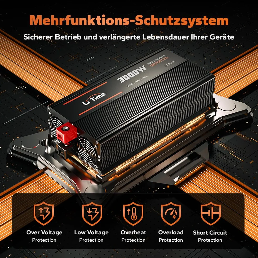 LiTime Falownik fali sinusoidalnej 3000 W 12 V DC na 230 V AC konwerter do kempingu