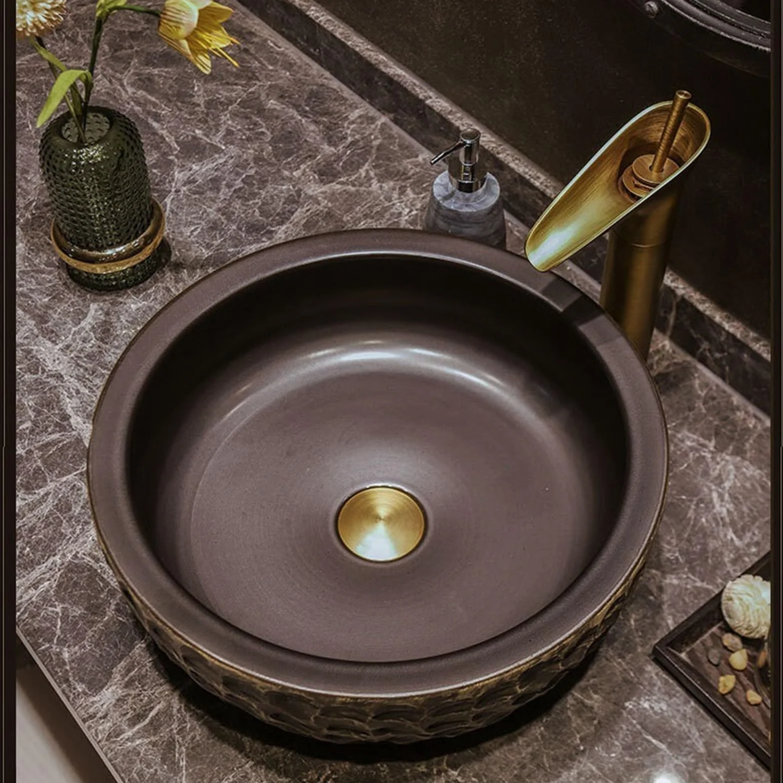 Umywalka Łazienkowa Nablatowa Ceramiczna Umywalka Artystyczna Do Użytku Domowego W Kolorze Brązowym, Antyczna Umywalka Nablatowa Okrągła Umywalka Łazienkowa Umy