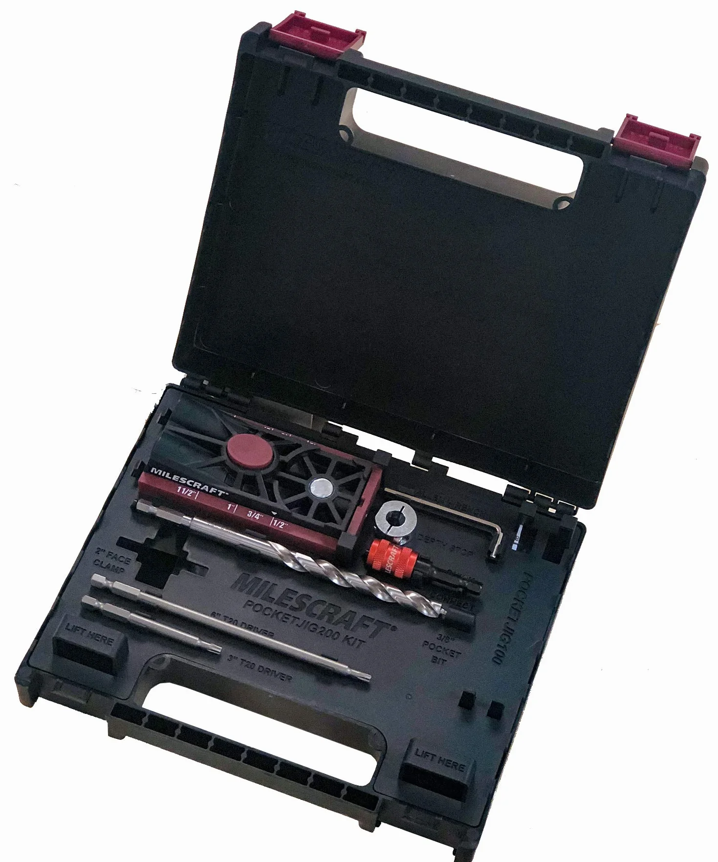 Milescraft 1325 Pocket Jig 200 – kompletny system podwójnych/podwójnych otworów kieszonkowych. Łatwy w użyciu, prowadnica do wiercenia otworów kieszonkowych, przyrząd śrubowy ze wszystkimi
