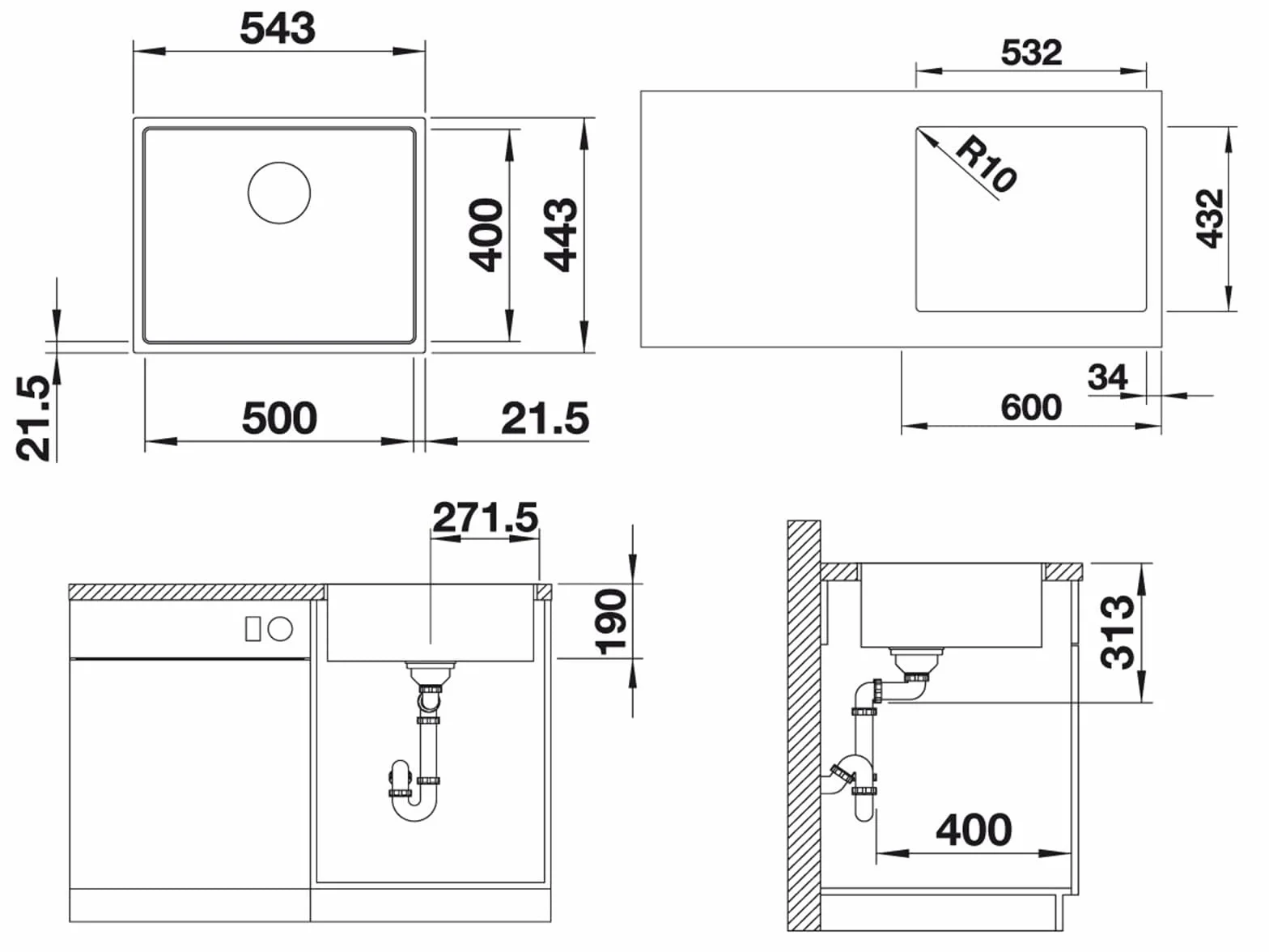Blanco Subline 500-If Steelframe Zlew, Antracytowy, 500 mm