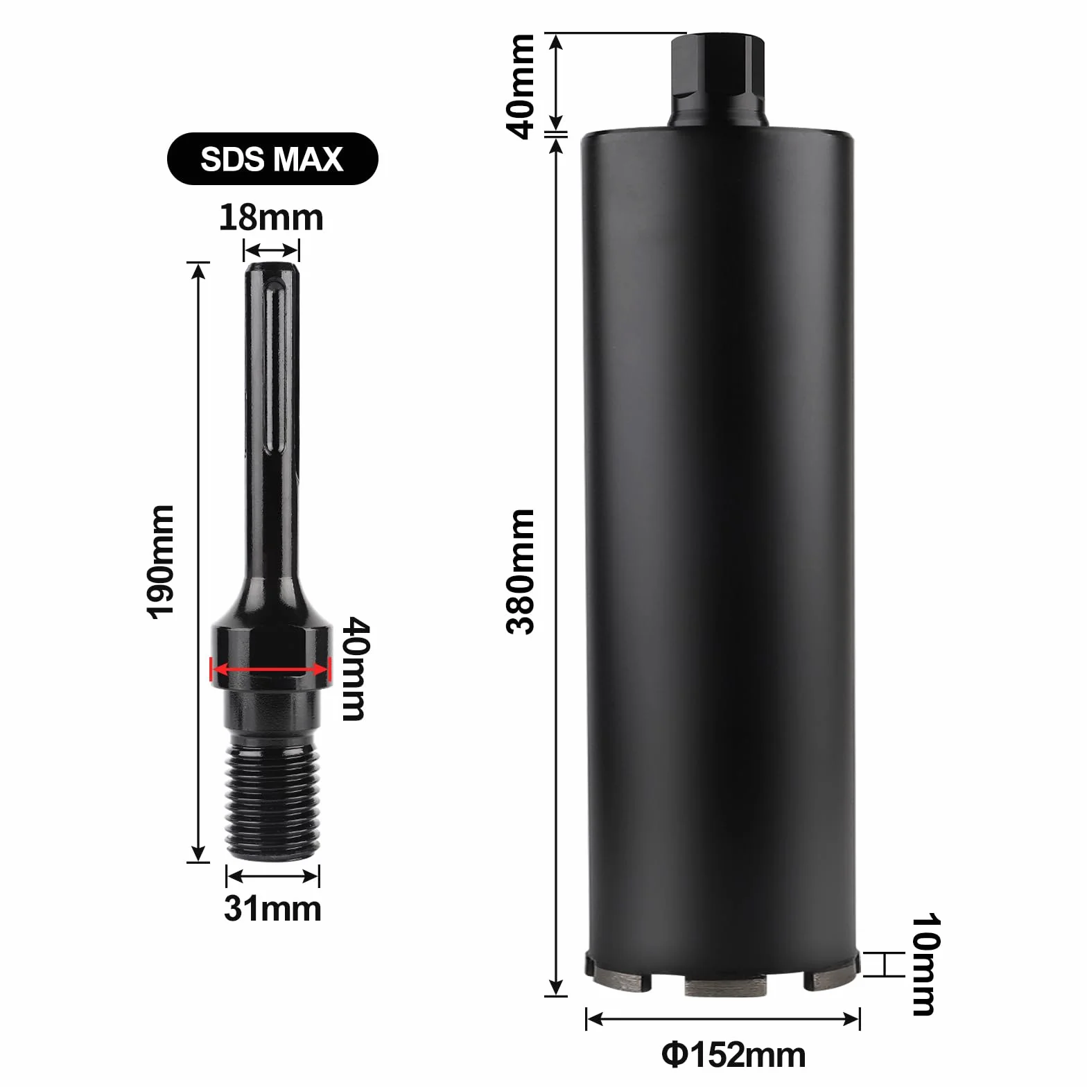 CPROSP 1¼" UNC diamentowa koronka wiertnicza ø152 mm, L 420 mm, koronka wiertnicza z adapterem SDS MAX, koronka wiertnicza do wiercenia na mokro, wiertło rdzeniowe do wiercenia w betonie, murze i