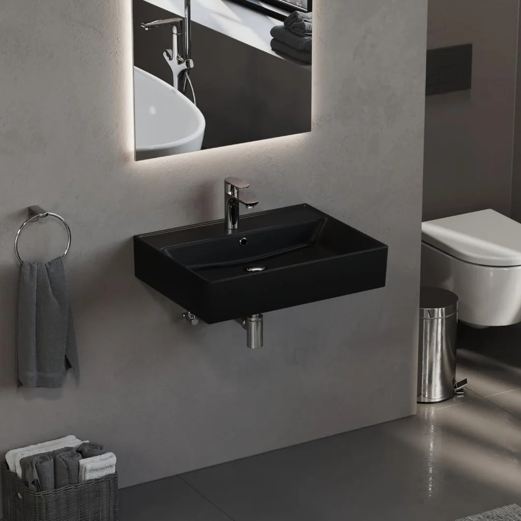 Aqua Bagno czarna matowa umywalka ceramiczna 60 cm – prostokątna umywalka nablatowa z otworem na baterię, nowoczesna, do łazienki i toalety