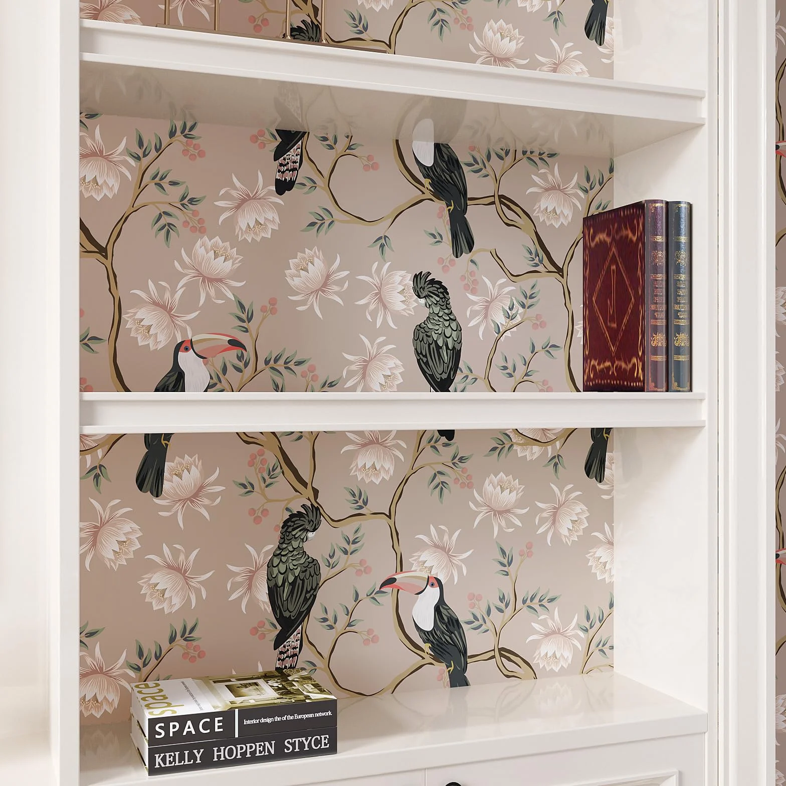 VEELIKE Tapeta kwiatowa z zakurzonymi różowymi ptakami, vintage chinoiserie, samoprzylepny papier kontaktowy z motywem liści, egzotyczna botaniczna sztuka ścienna, wzorzysty tropikalny mural ścienny