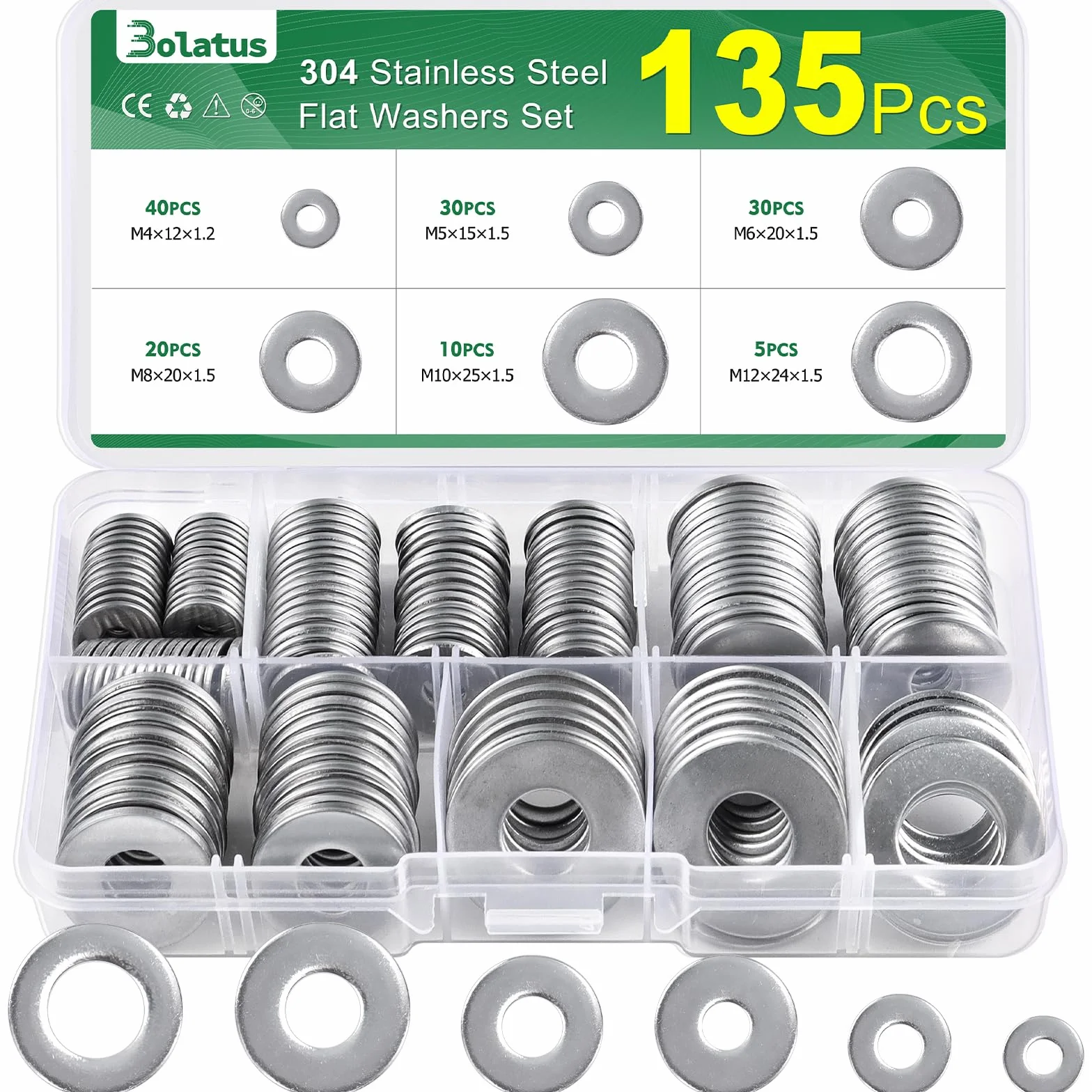Zestaw 135 podkładek ze stali nierdzewnej, Bolatus podkładki, asortyment 6 rozmiarów, tarcze karoseryjne M4, M5, M6, M8, M10, M12, płaskie podkładki ze stali nierdzewnej, do śrub i nakrętek oraz pręta