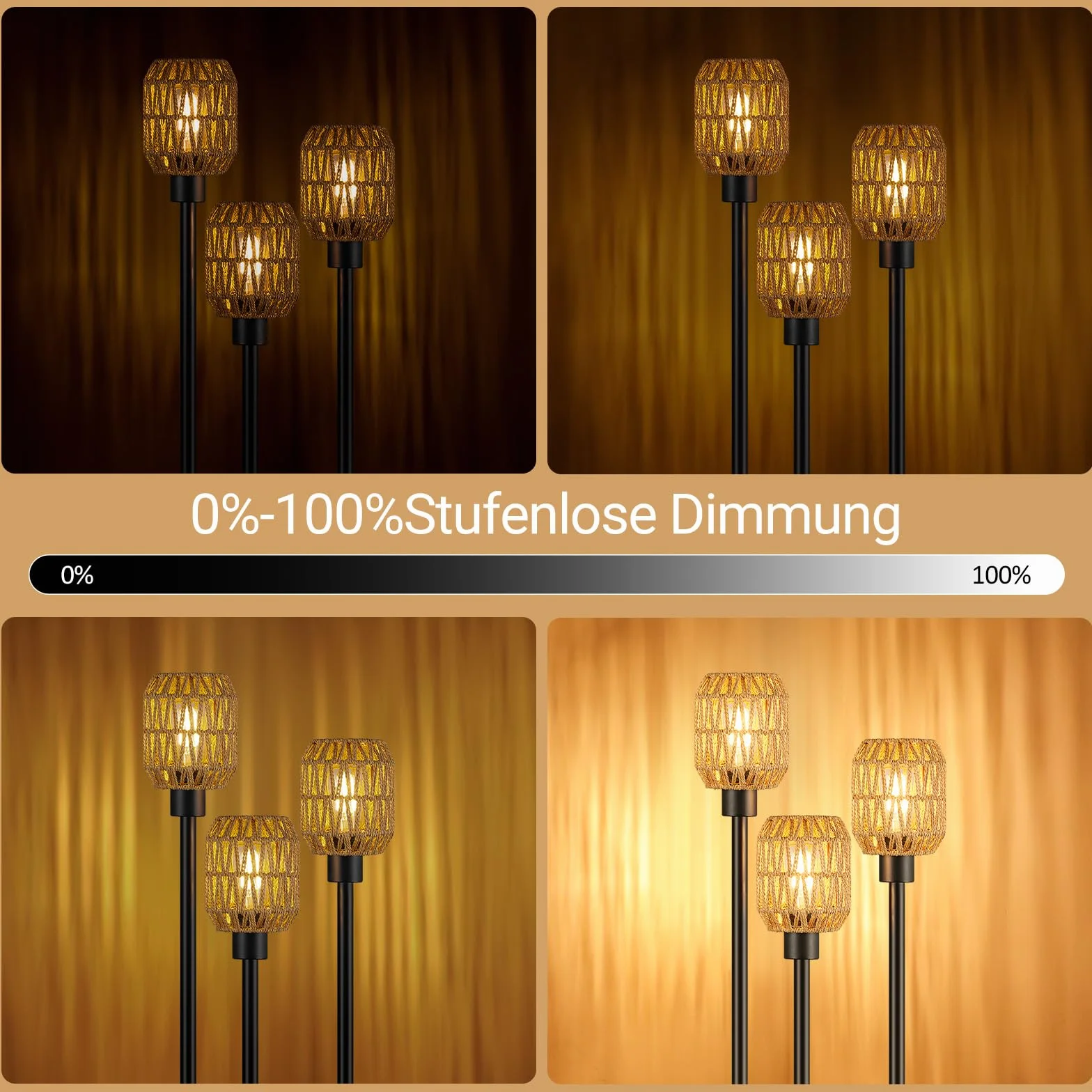 Lampa stojąca do salonu, vintage, 3-punktowa, do sypialni i biura | Abażur rattanowy w stylu boho, dwuwarstwowy regał, przełącznik obrotowy, 0%-100% bezstopniowe ściemnianie, zawiera żarówkę