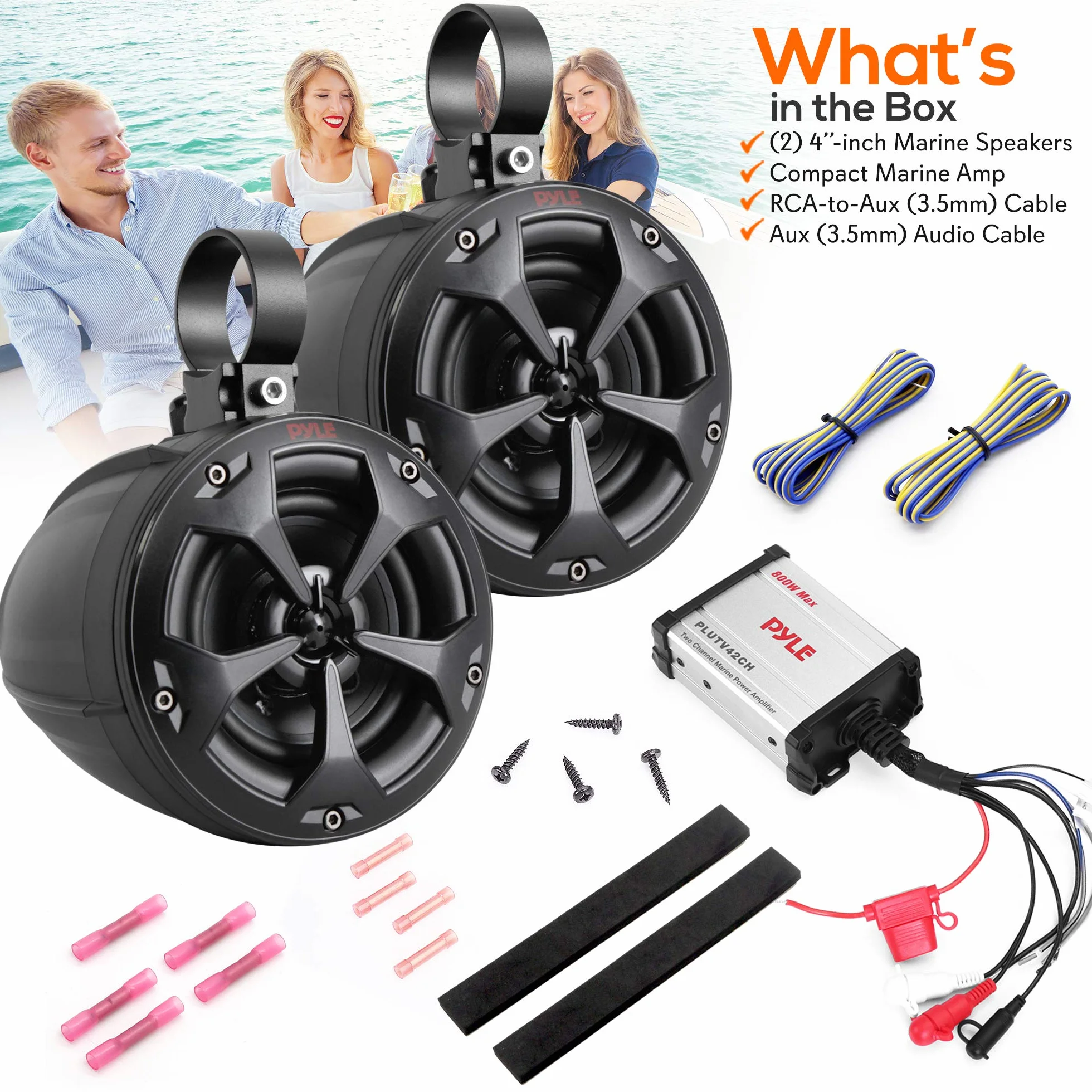 Pyle Głośniki morskie 800 W wodoodporny pełnozakresowy system stereo z kablem RCA AUX MP3 do ATV UTV łodzi