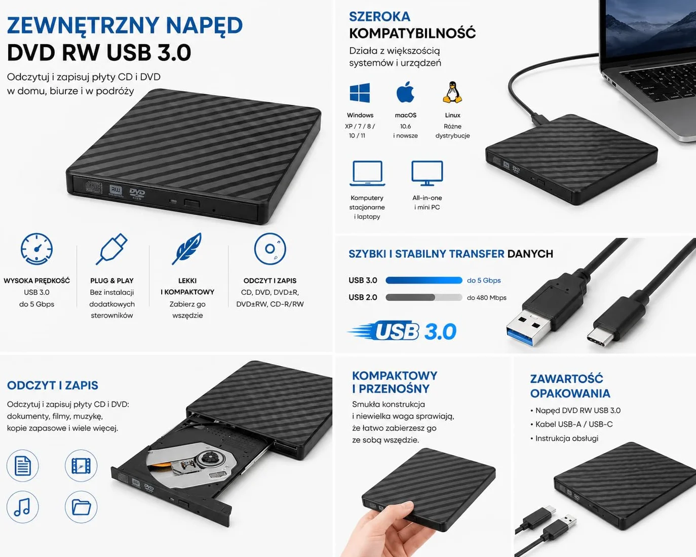 Zewnętrzny Napęd CD/DVD USB 3.0 Nagrywarka Przenośny Odtwarzacz