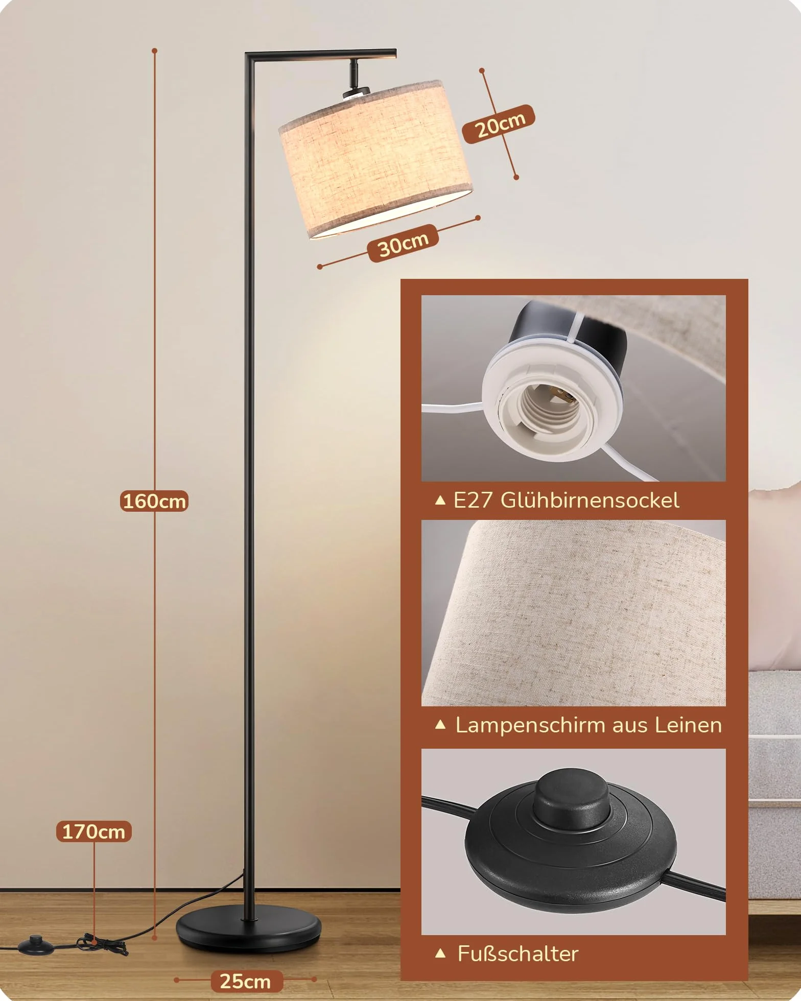 EDISHINE Lampa stojąca do salonu, lampa łukowa z beżowym lnianym kloszem, gniazdo E27, 160 cm, czarna lampa podłogowa z regulowanym kloszem, do sypialni, pokoju dziecięcego