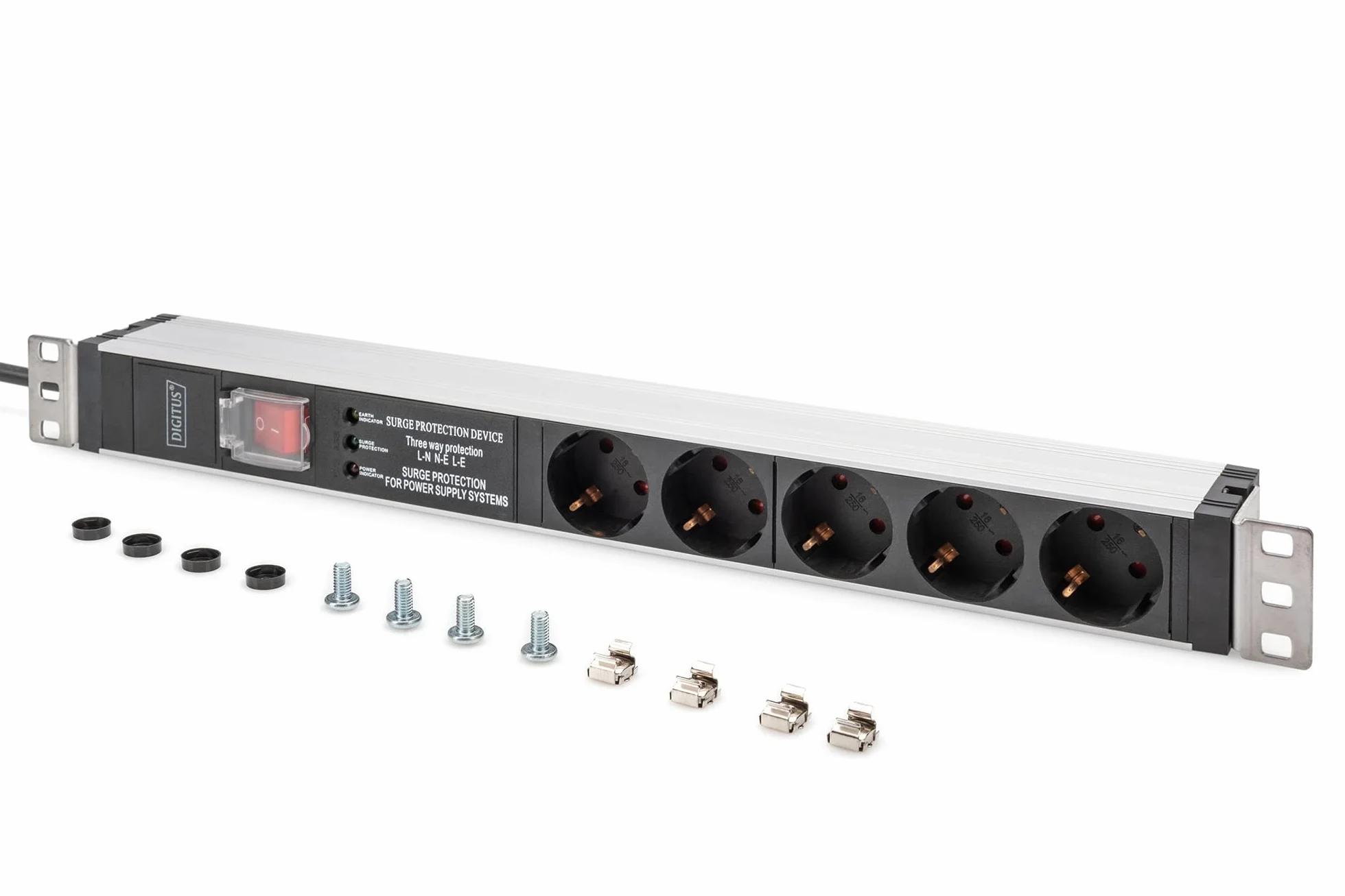Listwa zasilająca DIGITUS 19" – 5 gniazd – 1U – z filtrem sieciowym, zabezpieczeniem przeciwprzepięciowym, wyłącznikiem – 230 V AC 50/60 Hz – 16 A – 3600 W – do szaf sieciowych i serwerowych 19”