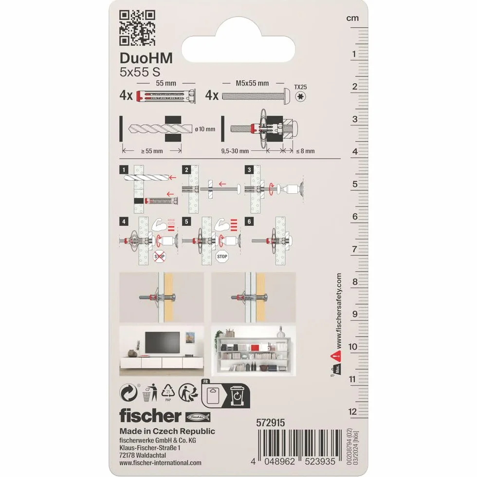 fischer 572915 DuoHM kołki rozporowe, 5 x 55 S TX ze śrubą metryczną i napędem TX do mocowania wsporników telewizyjnych, świateł, półek ściennych itp. w materiałach budowlanych panelowych (4 sztuki)