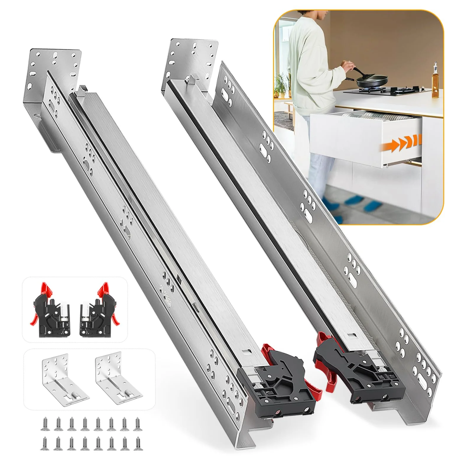 BAIDI CE 1 para prowadnic do szuflad z miękkim domykaniem podwieszanym 9, 12, 15, 18, 21, 60 cm, nośność 36,3 kg, pełne przedłużenie, ukryte dolne szyny montażowe z tylnym wspornikiem montażowym (53