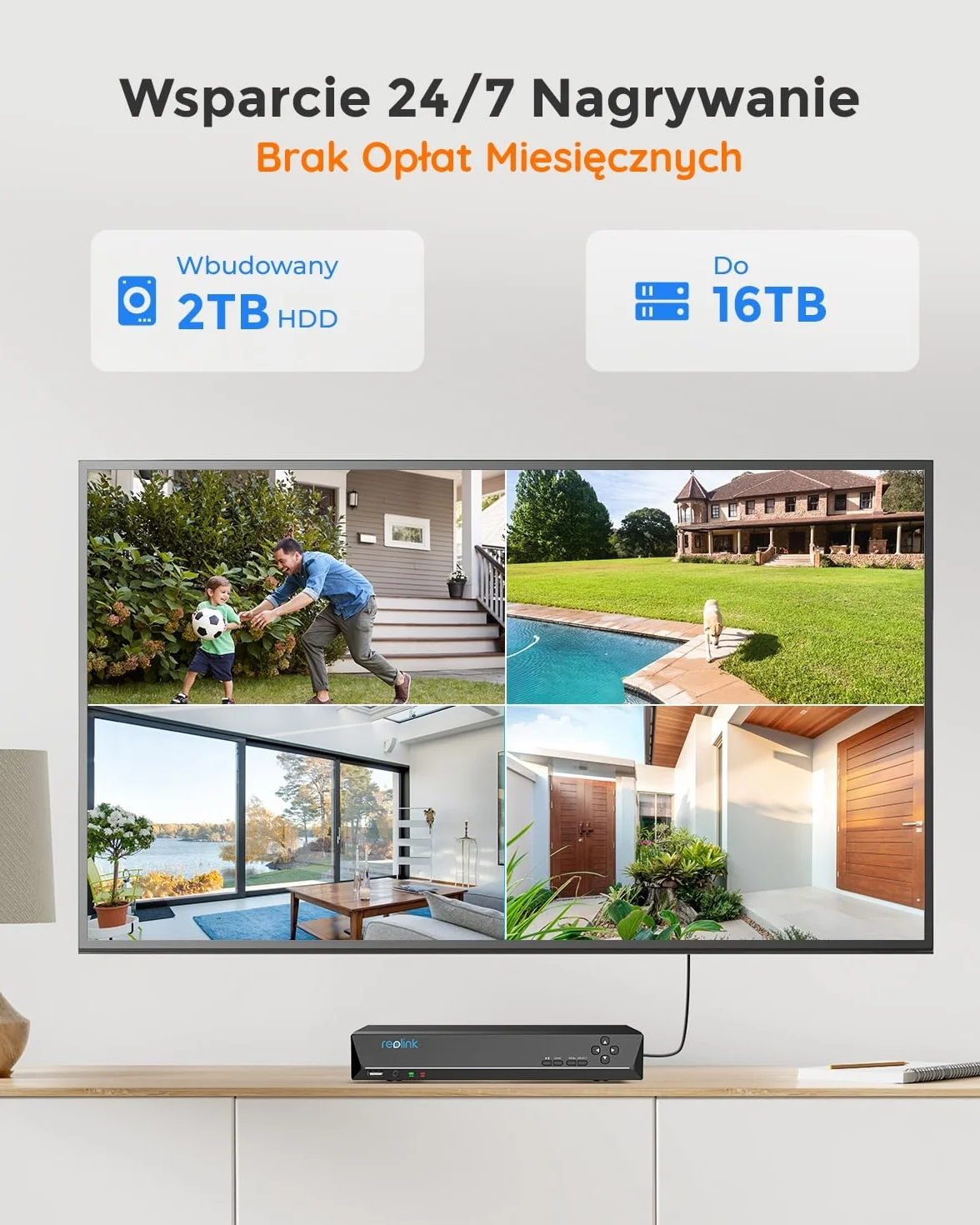 Reolink 8-kanałowy Zestaw do monitoringu CCTV 5MP PoE z dyskiem twardym 2 TB NVR i 4X 5MP 2,5 razy 1080P Zewnętrzne kamery IP PoE, Noktowizja 30m, RLK8-520D4-5MP