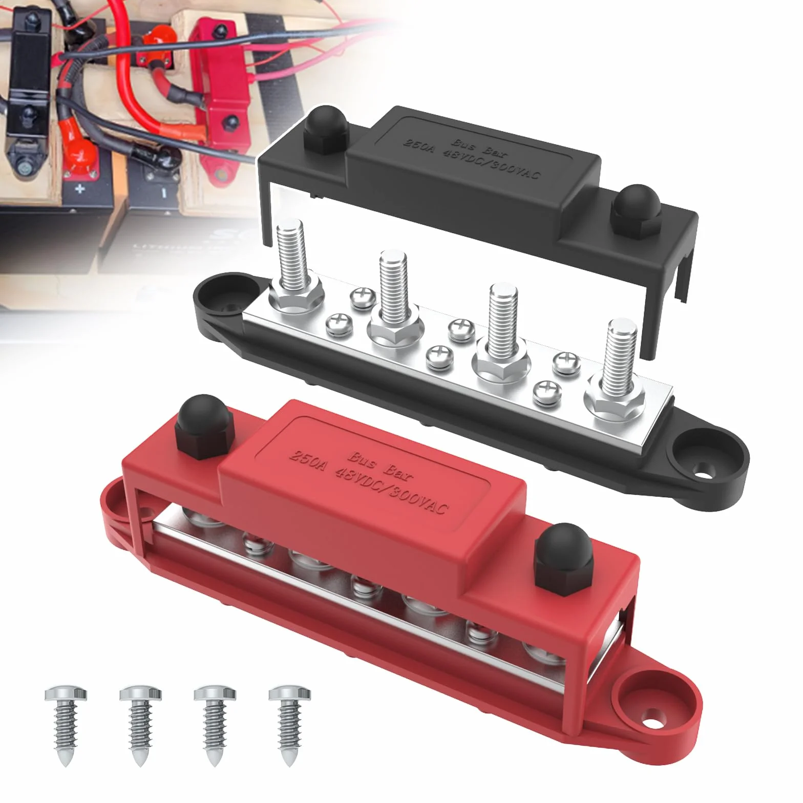 Blok dystrybucji zasilania 250 A 12 V 4-biegunowy M8 5/40.6 cm z pokrywą do motoryzacji i morskiego