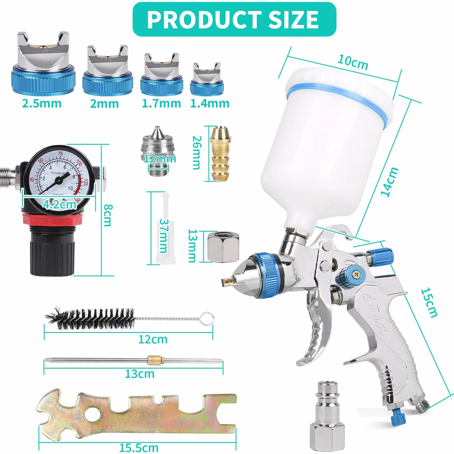DBREAKS HVLP Pistolet natryskowy do lakierowania, 1,4/1,7/2,0/2,5 mm, pistolet natryskowy z kubkiem 600 ml + 4 zestawy dysz + regulator ciśnienia powietrza, pistolet do malowania detali, do samochodu