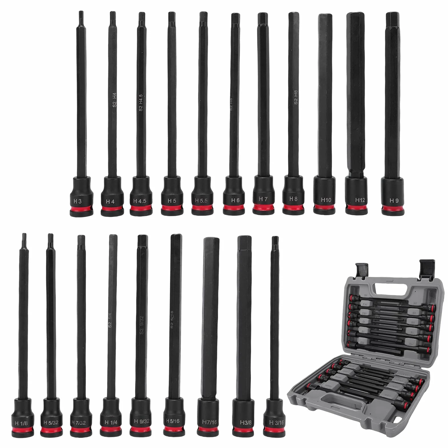 Zestaw Nasadek Sześciokątnych z Napędem 3/8 Cala, 20-częściowy Zestaw Kluczy Nasadowych Udarowych z Końcówkami Sześciokątnymi, Nasadek ze Stali Stopowej S2 i Stali CR V, Idealny Do