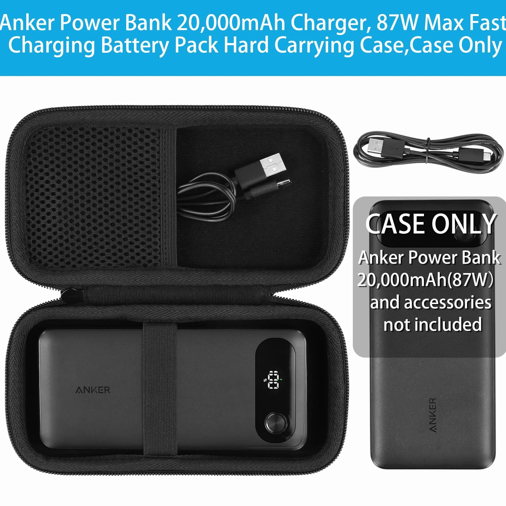Khanka (tylko etui) twarda torba do przenoszenia Anker Power Bank 20 000 mAh przenośna ładowarka z wbudowanym kablem USB-C, podróżna torba do przechowywania na maks. 87 W akumulator do szybkiego