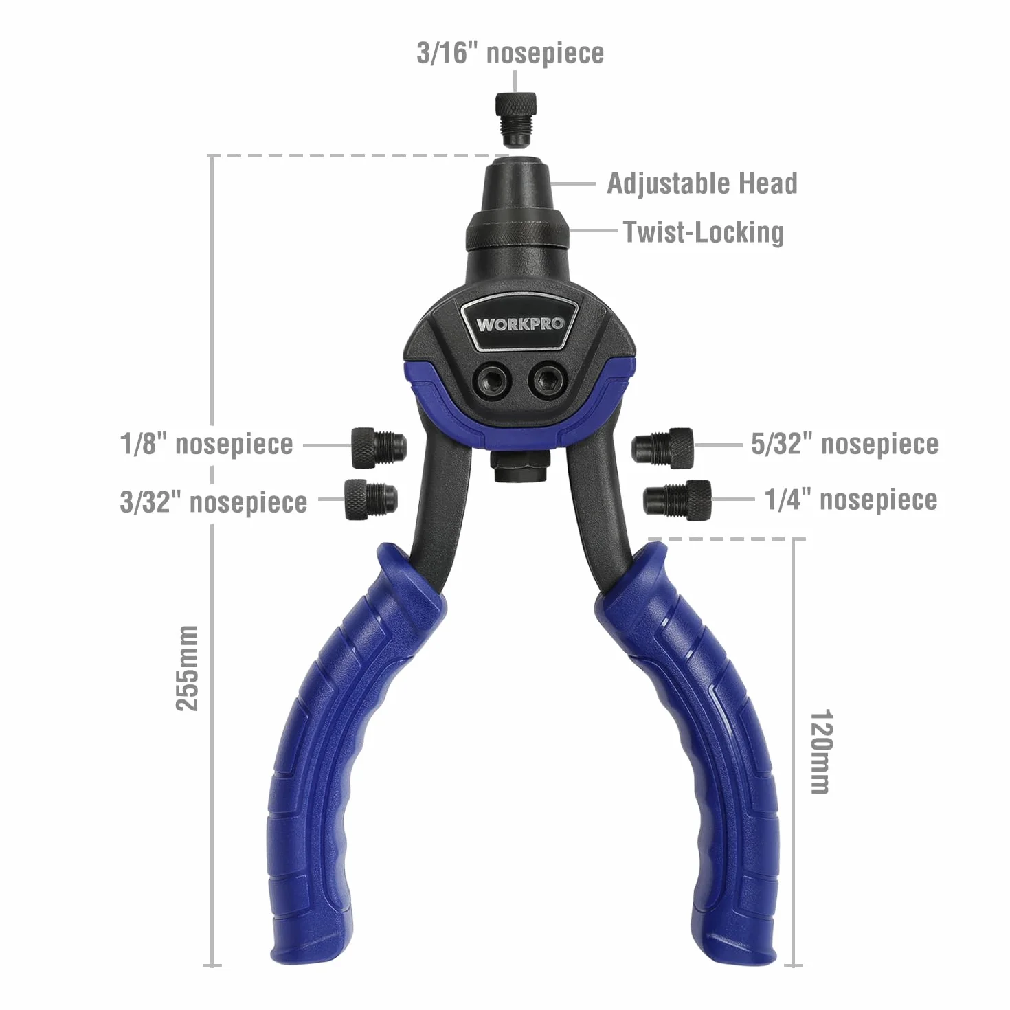 WORKPRO Nitownica 5 w 1, 25-centymetrowa nitownica Pop z 5 rozmiarami wymienną dyszą 2,4 mm, 3,2 mm, 4,8 mm, 6,4 mm, wytrzymała nitownica ręczna z 100-częściowymi nitami