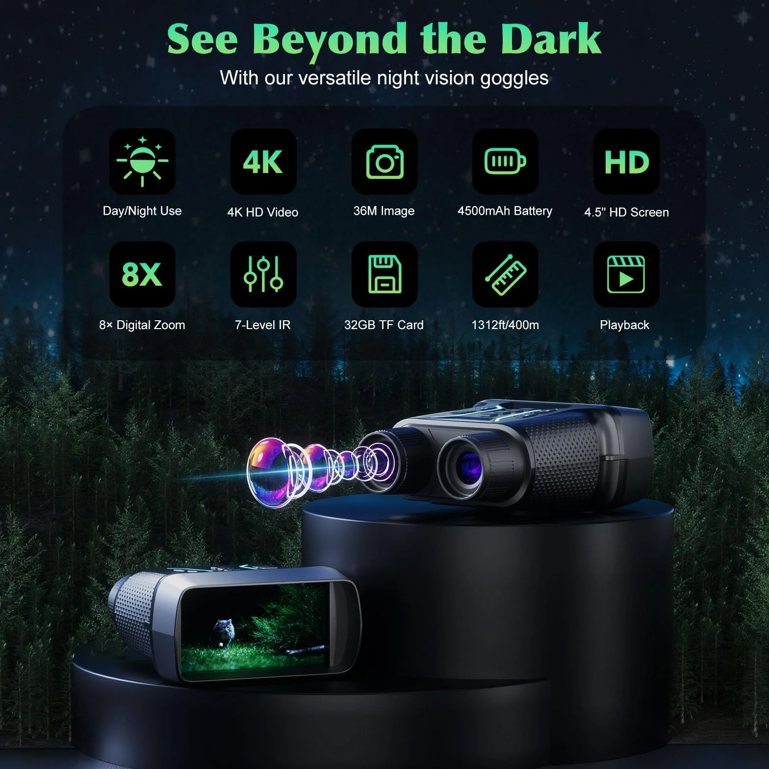 Gogle noktowizyjne, wideo 4K UHD i obraz 36 MP, lornetka noktowizyjna na podczerwień z ekranem 4,5″, akumulator 4500 mAh, karta TF 32 GB, 8-krotny zoom cyfrowy na kemping (czarne)