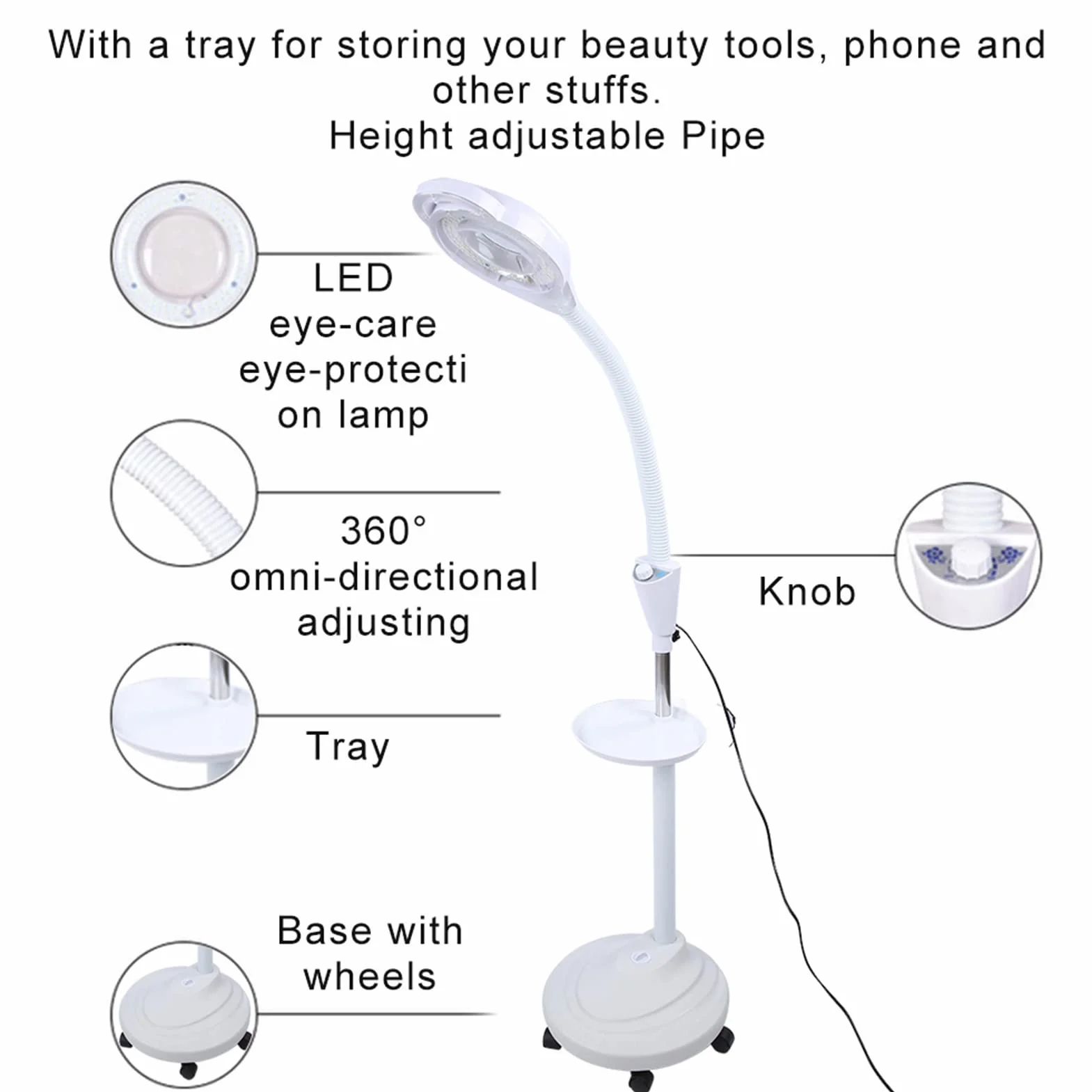 Lampa do tatuażu LED, 8-krotnie powiększająca lampa podłogowa z regulowaną wysokością, 120 kulek lampy, obrót o 360 °, 5 kół wielokierunkowych, salonowe zimne światło do