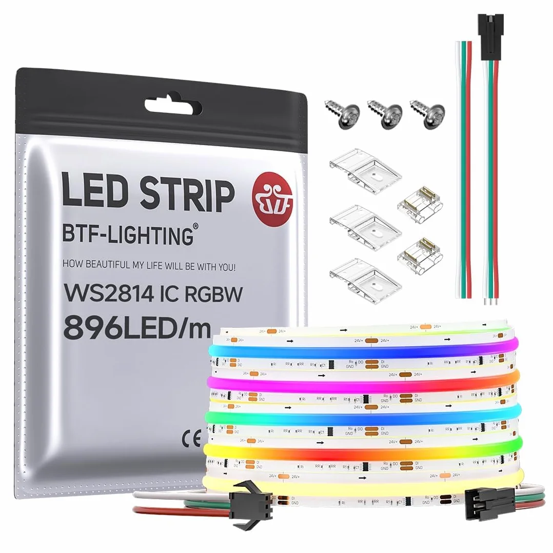 BTF-LIGHTING COB FCOB SPI RGBWW RGB + ciepła biel (3000 K) elastyczna taśma LED o wysokiej gęstości WS2814 IC RGBW LED Stripe 5M 896LEDS/M 24V IP30 programowalny kolor chasing (bez zasilacza i