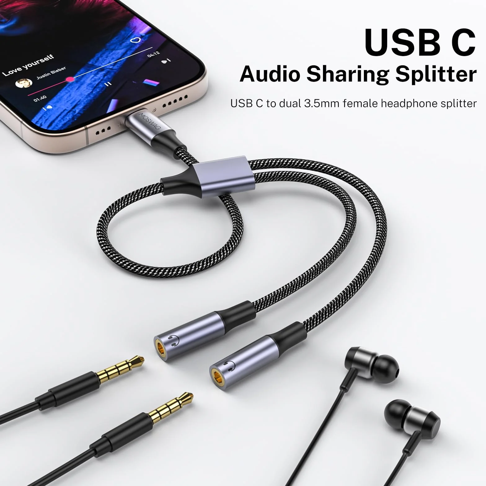 MOSWAG Rozdzielacz audio Y 3,5 mm, USB C, kompatybilny z iPhone 16 Pro Max/Plus, Pixel 8-5, Galaxy S24/S23/S22, A33/A54