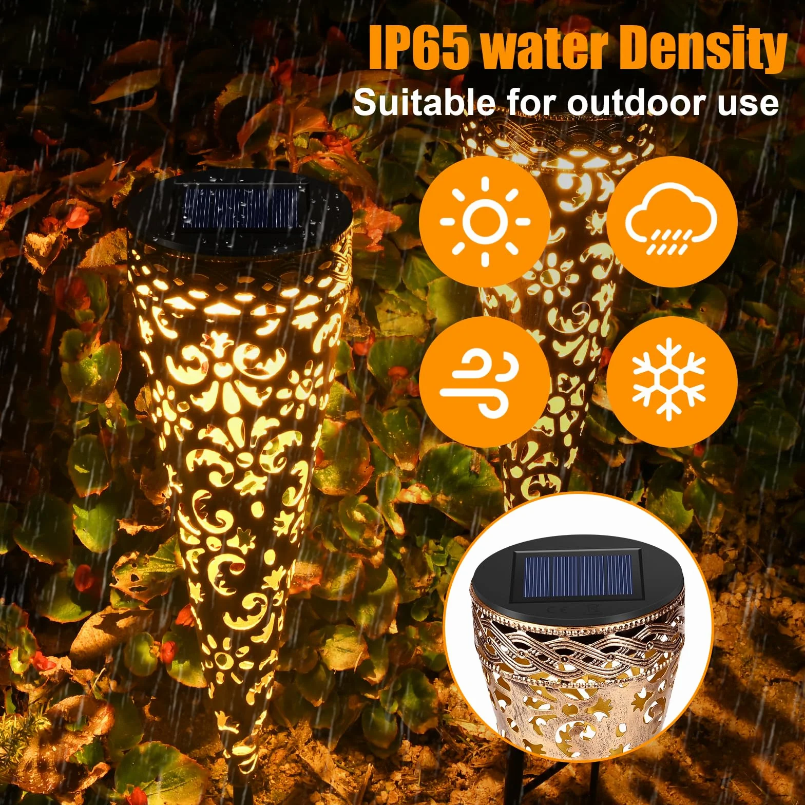 Zewnętrzne lampy słoneczne, GuKKK 4 sztuki Vintage Metalowe lampy słoneczne, 800 mAh Solar Light z wysuwanym stojakiem Wodoodporne IP65, Solarne oświetlenie ogrodowe LED Ciepłe białe z dekor